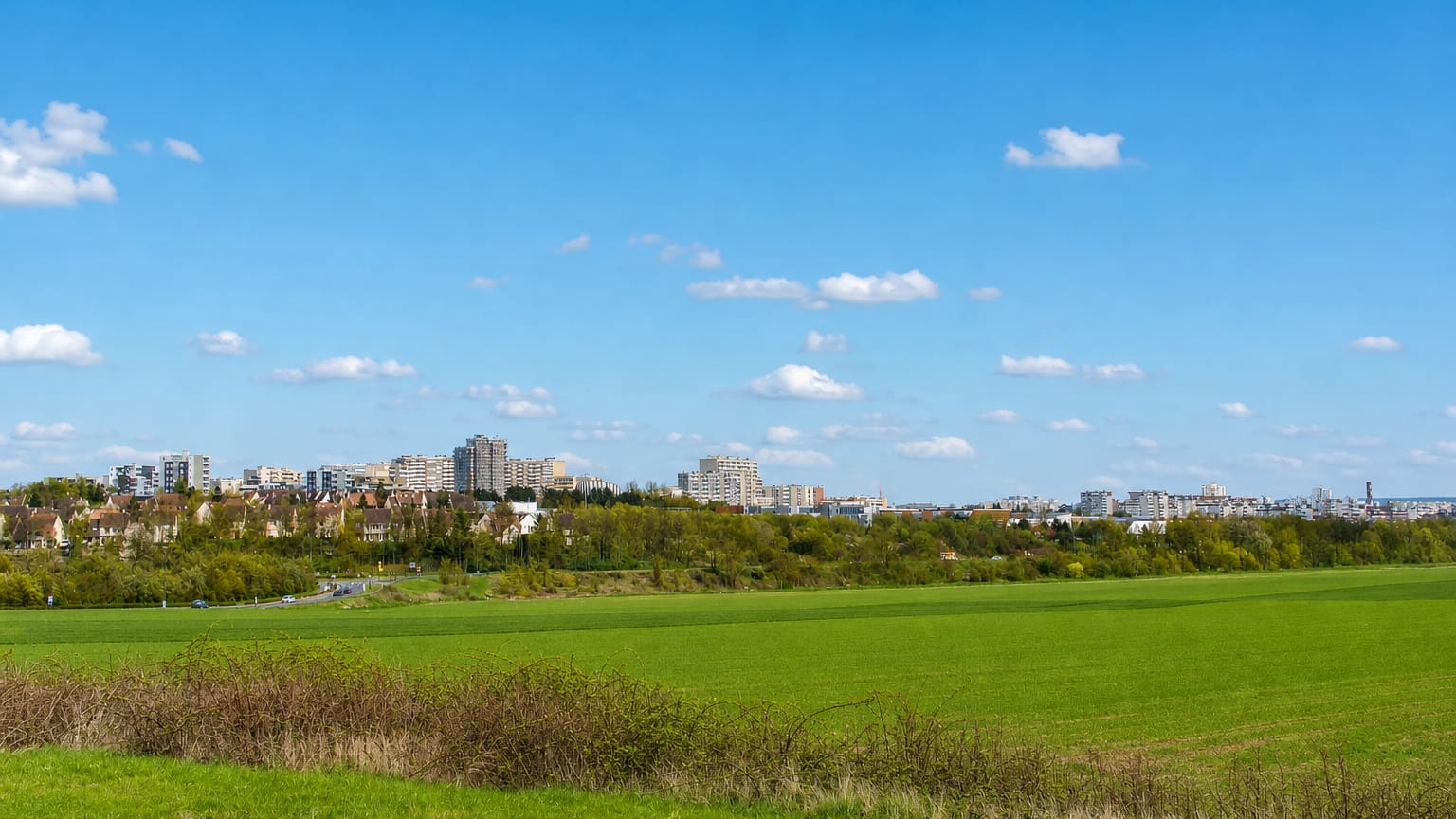 Distant view of Reims apartment blocks and rooftops across a wide green field, France