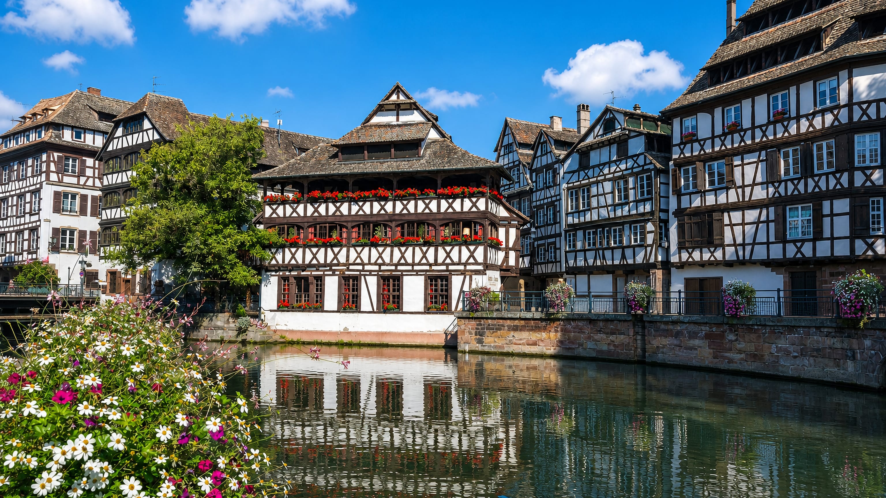 Half-timbered houses with flower-filled balconies reflected in the canal at Petite France, Strasbourg.