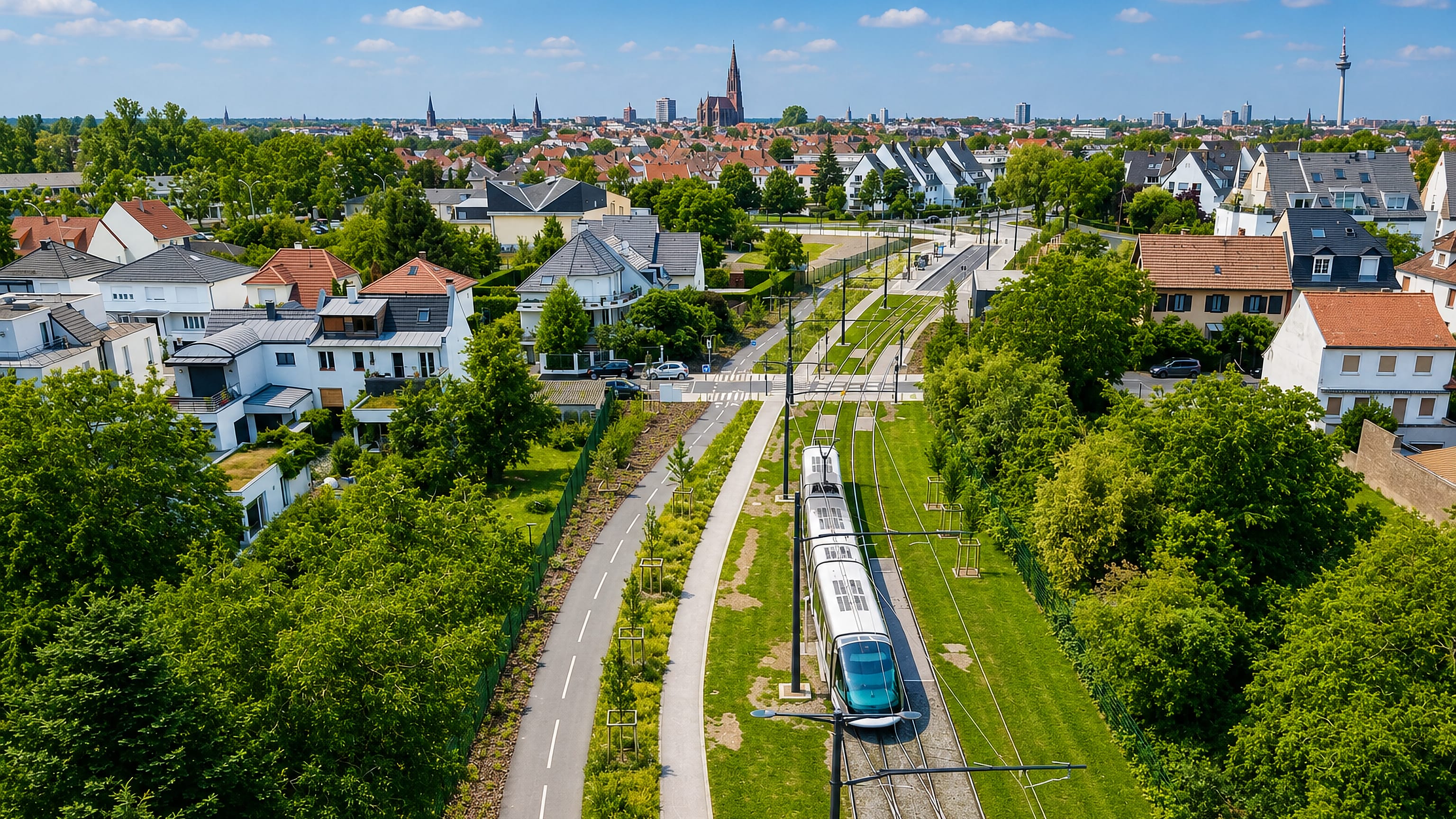 A tram on grass tracks through leafy Robertsau, Strasbourg, with the cathedral spire on the horizon.