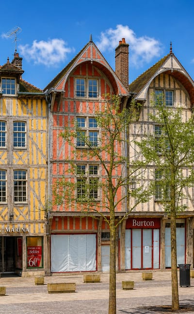 Row of colourful medieval half-timbered houses on a cobbled square in old-town Troyes, France.