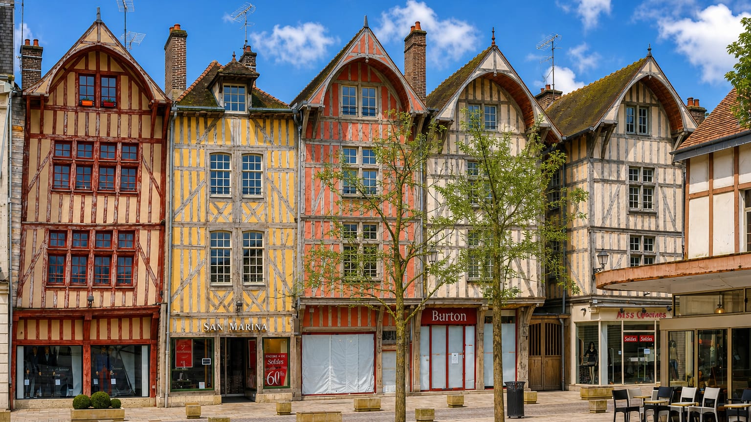 Row of colourful medieval half-timbered houses on a cobbled square in old-town Troyes, France.