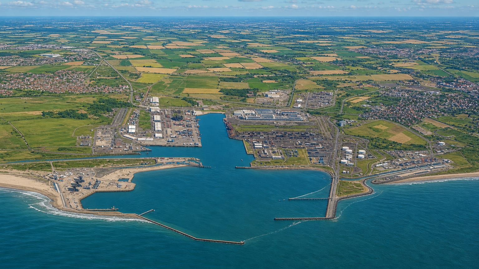 Aerial view of Dunkirk's port, breakwaters and beaches with flat farmland stretching inland.