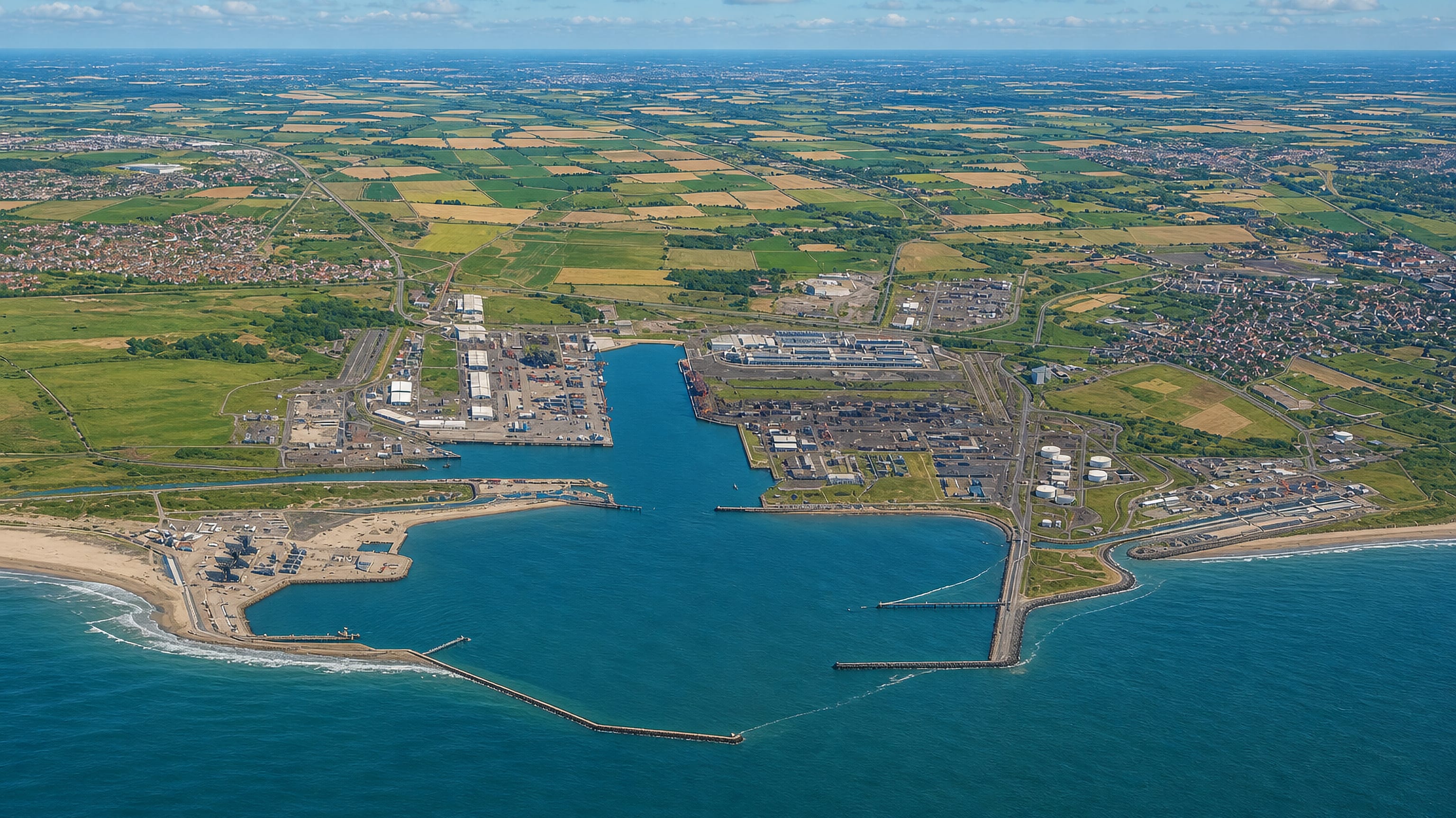 Aerial view of Dunkirk's port, breakwaters and beaches with flat farmland stretching inland.