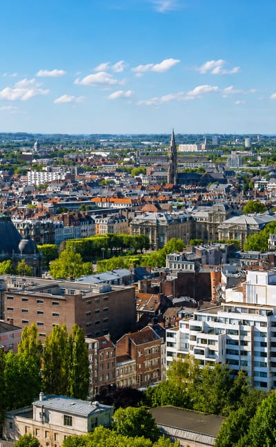 Elevated view over Lille's rooftops toward a gothic church spire amid Flemish facades and modern blocks.