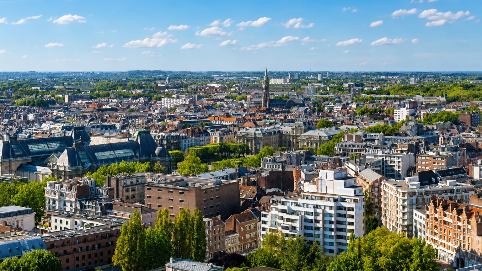 Elevated view over Lille's rooftops toward a gothic church spire amid Flemish facades and modern blocks.