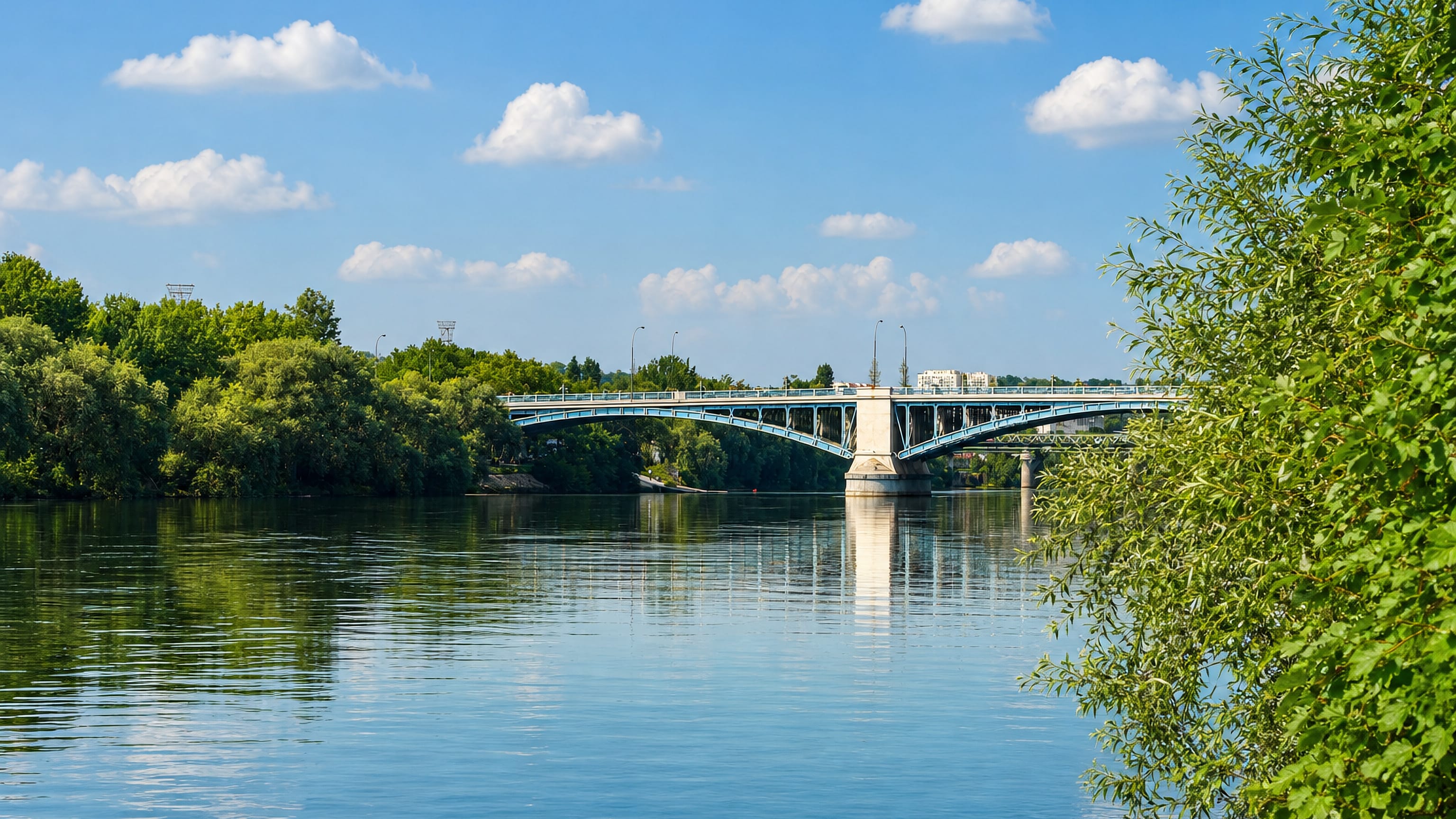 The Seine at Argenteuil, its steel arch road bridge spanning the river between wooded banks under summer sky.