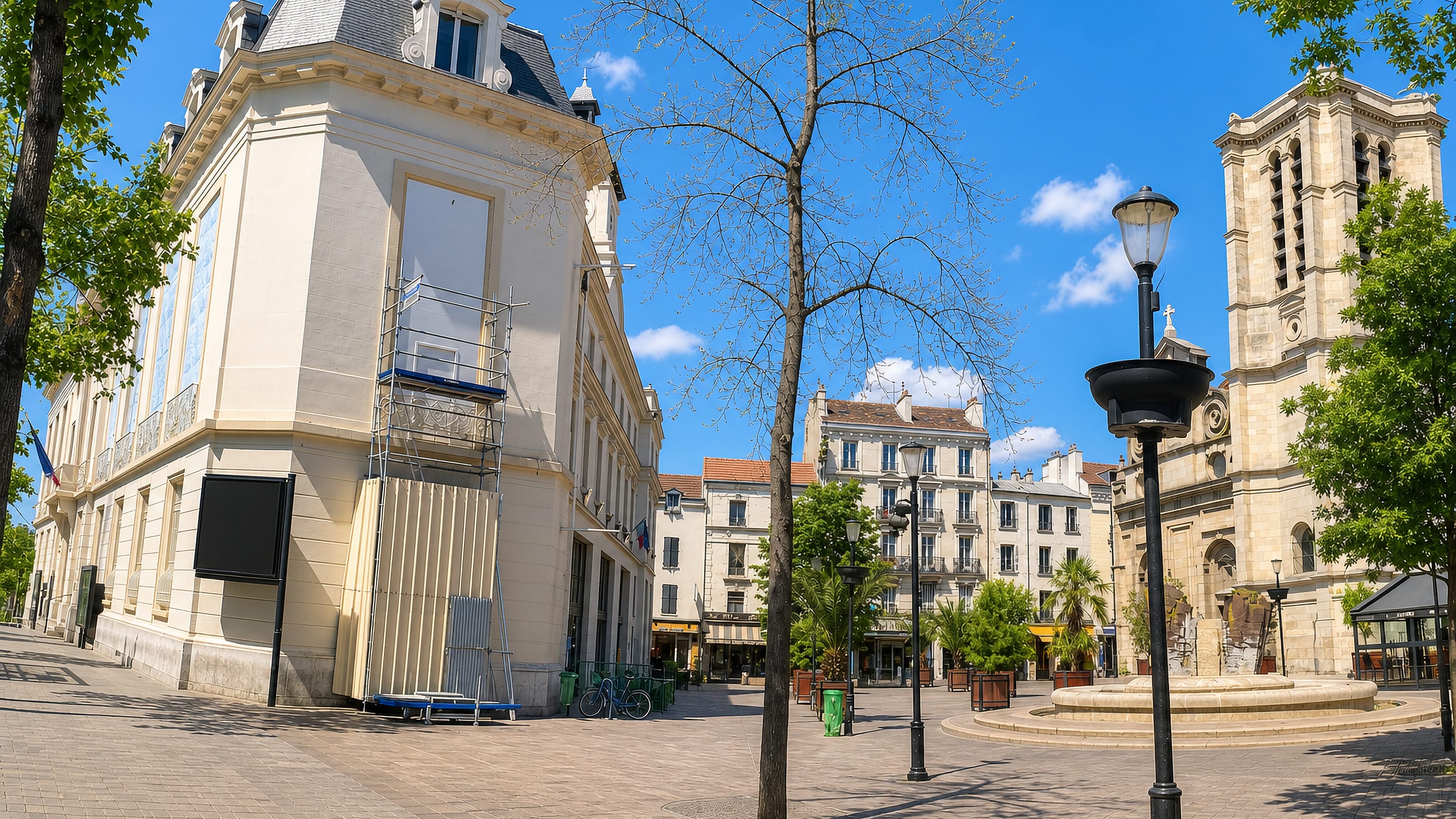 Sunlit pedestrian square in Aubervilliers with Haussmann-style facades, a stone church bell tower and a fountain.