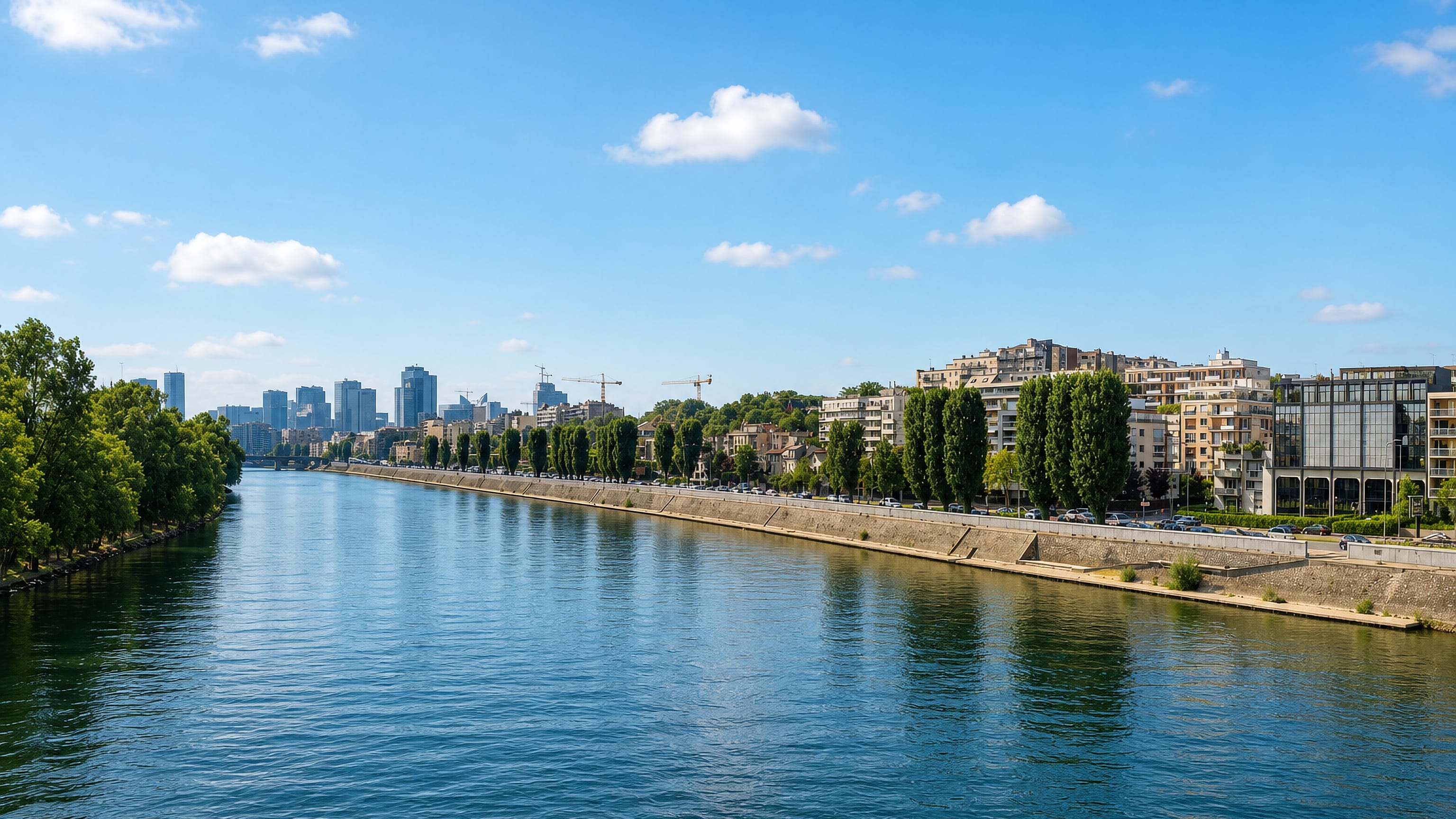 The Seine at Courbevoie, tree-lined quays and apartment blocks with La Defense towers on the horizon.