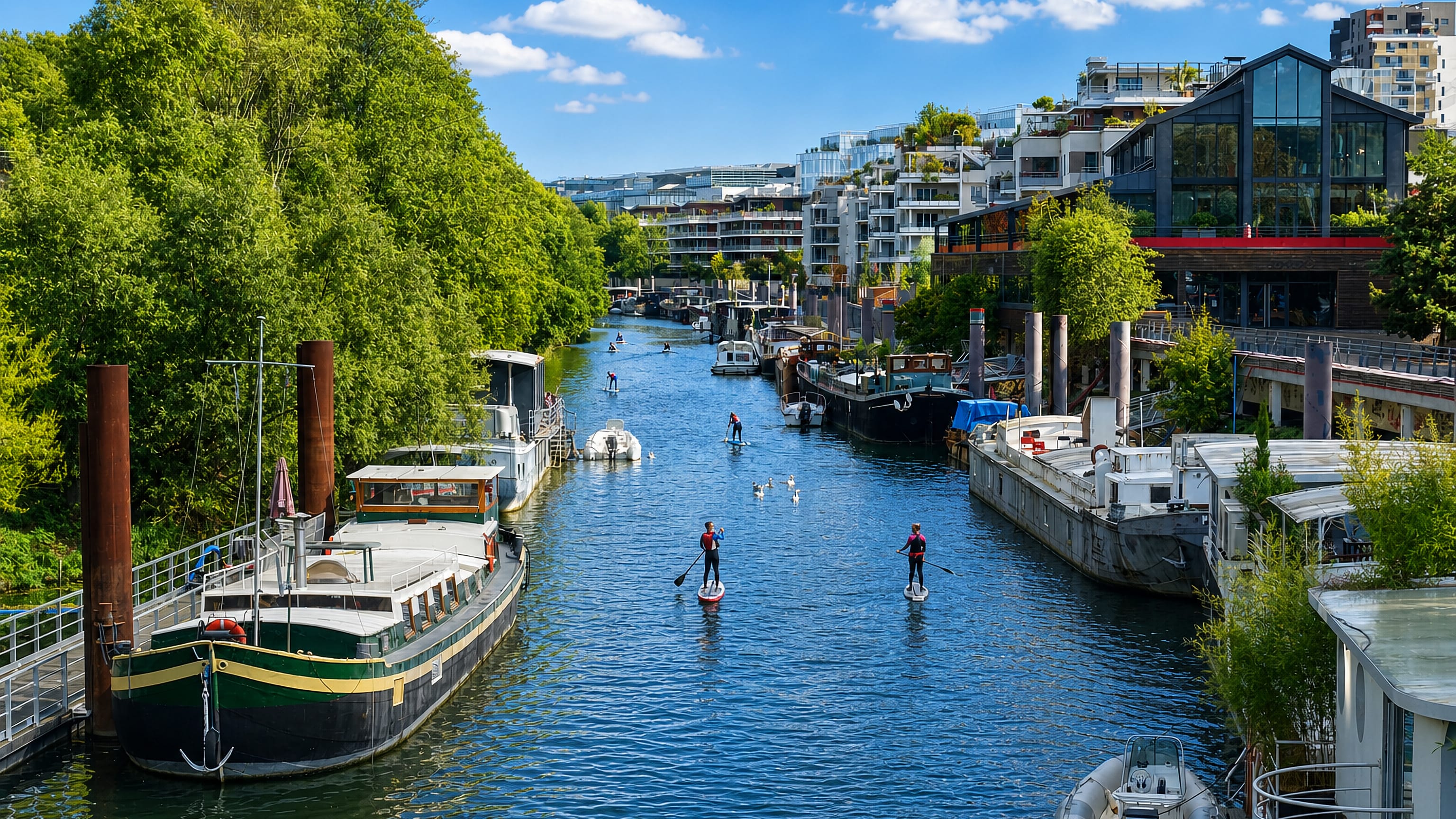 Houseboats and paddleboarders on the Seine below modern riverfront housing at Issy-les-Moulineaux.