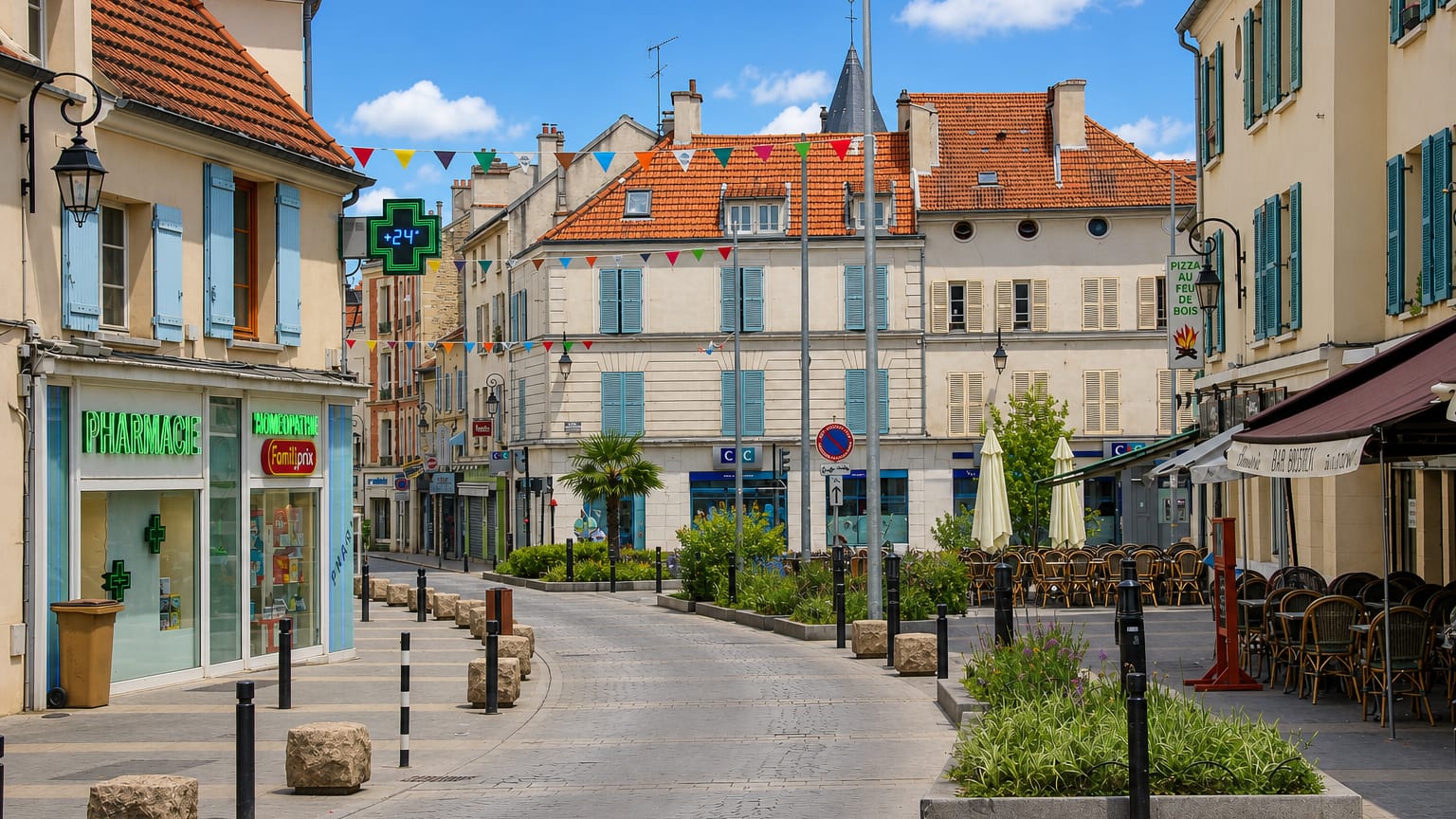 A sunny pedestrian street in old Nanterre with a pharmacy, cafe terrace, festive bunting and a small church spire