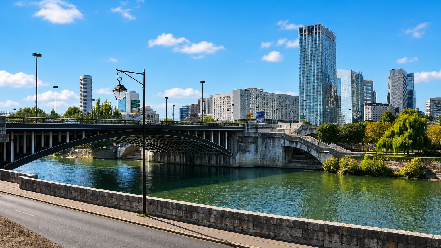 The Seine and a stone arch bridge at Neuilly-sur-Seine with the La Defense skyscraper skyline rising behind
