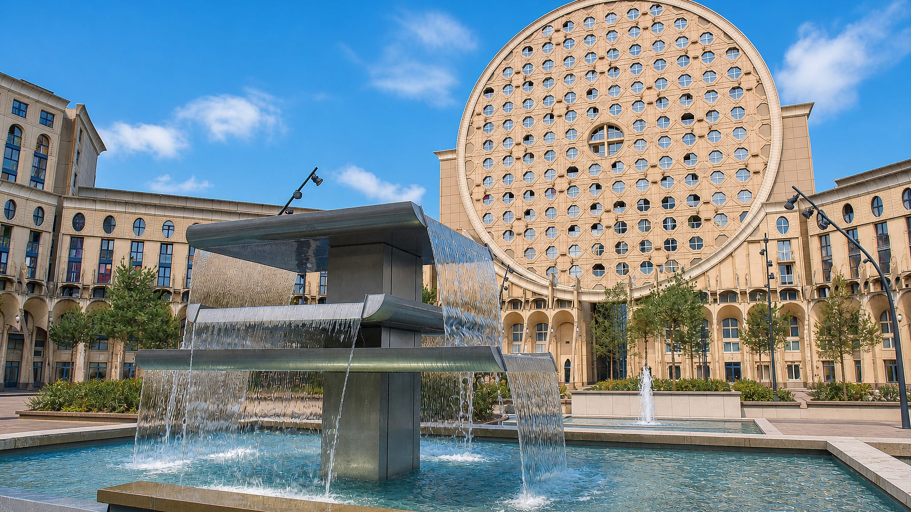Les Arenes de Picasso's circular postmodern facade rising over a fountain plaza in Noisy-le-Grand, France.