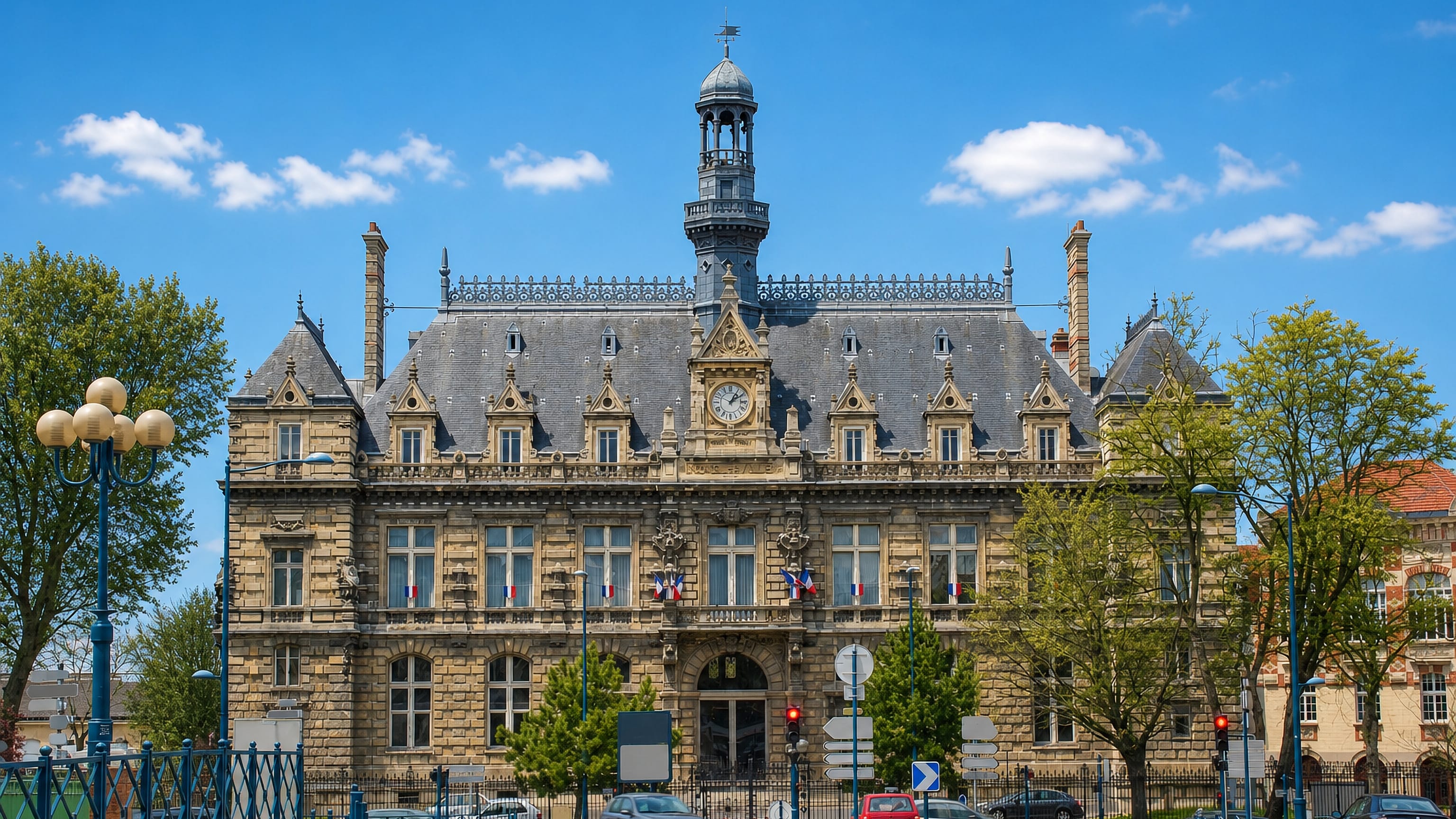 The stone town hall of Pantin, France, with its clock tower, slate roof and tricolour flags.