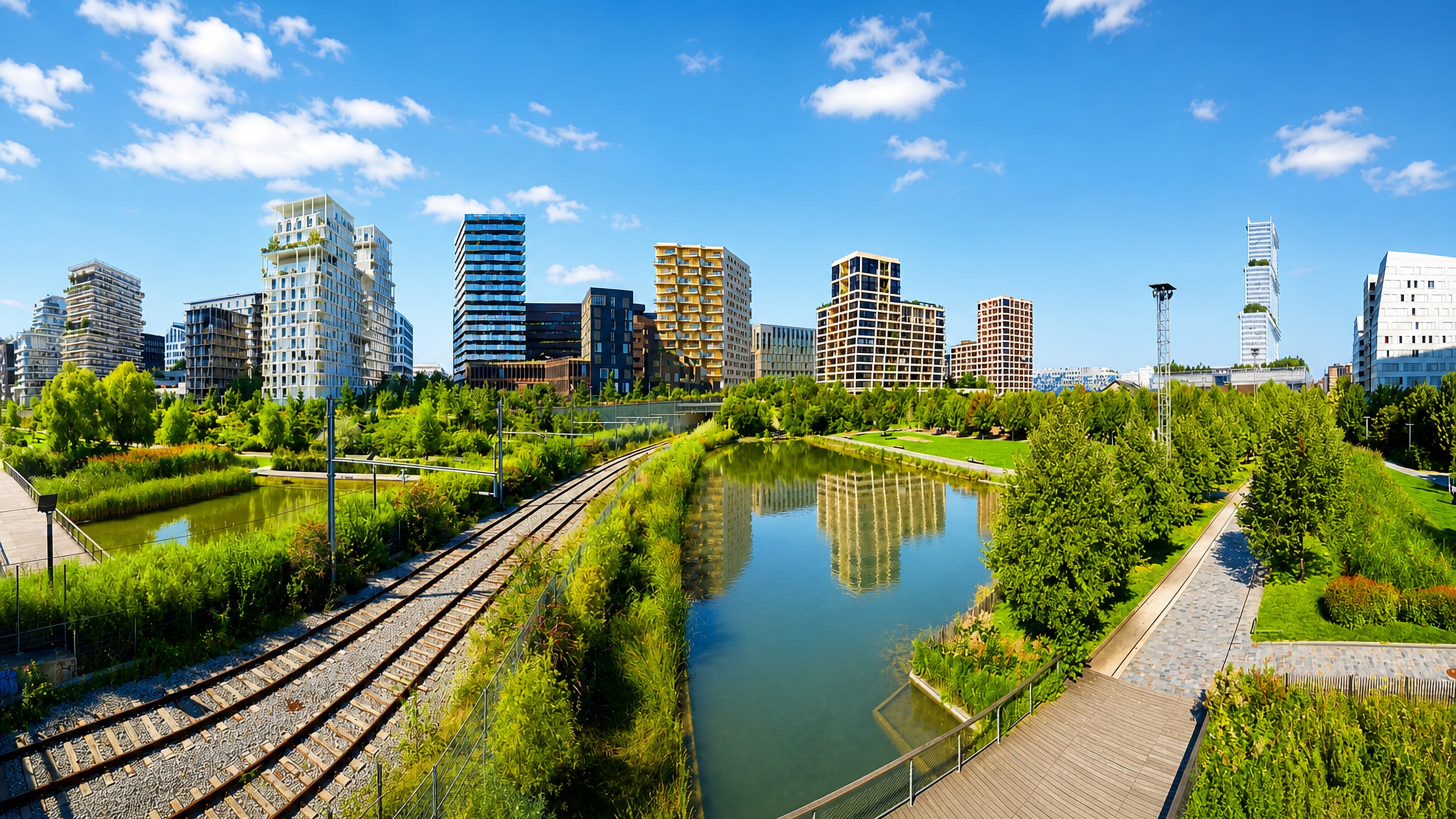 Modern towers and a park basin rise above rail tracks in the Batignolles eco-district of Paris.