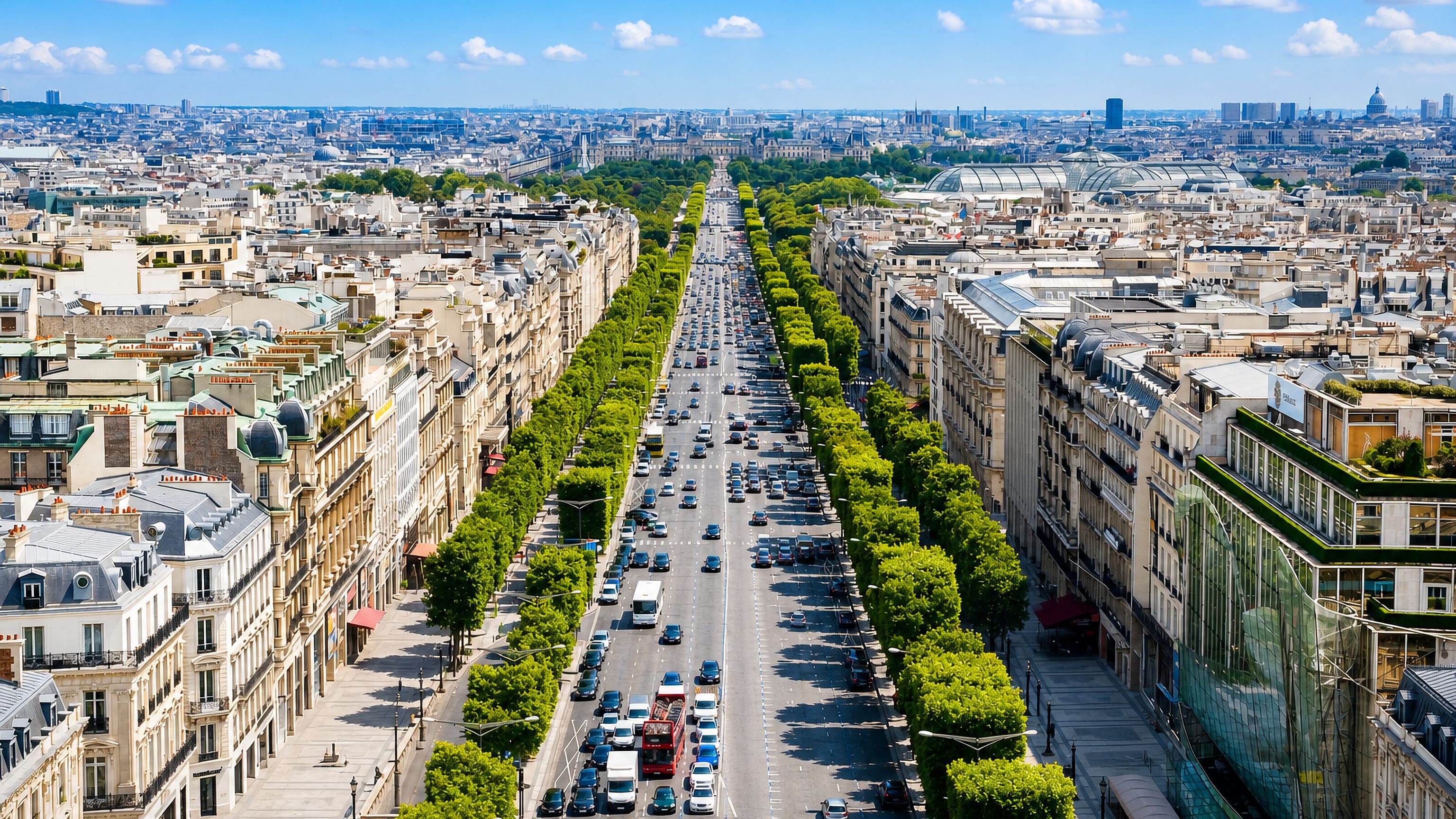 The Champs-Élysées in Paris seen from the Arc de Triomphe, running past the Grand Palais toward Concorde.