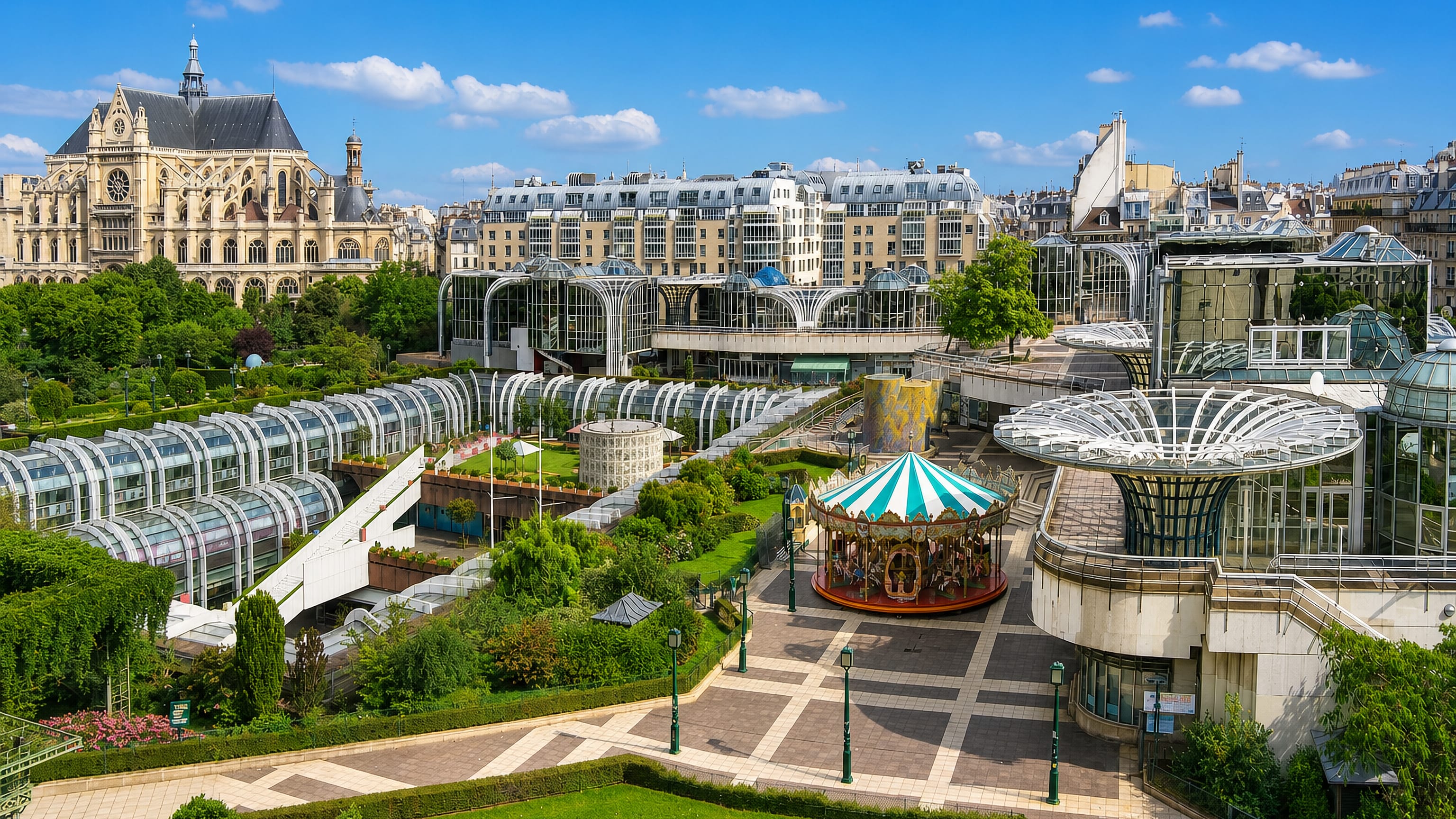The Les Halles gardens in Paris with the Forum's glass pavilions, a carousel and Saint-Eustache church behind.