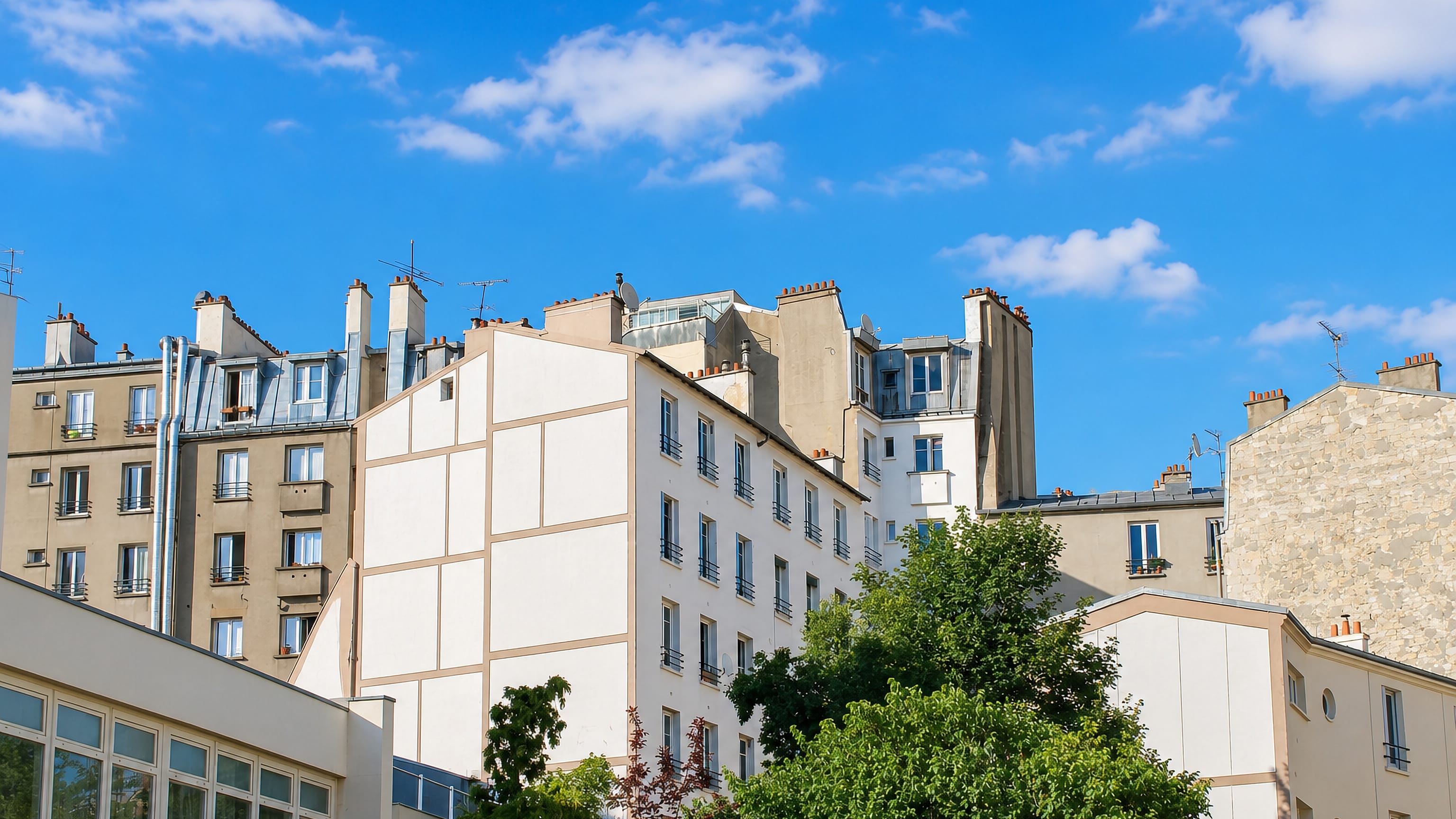 Sunlit Parisian apartment blocks with zinc roofs and chimney stacks rising above the trees of Ménilmontant.