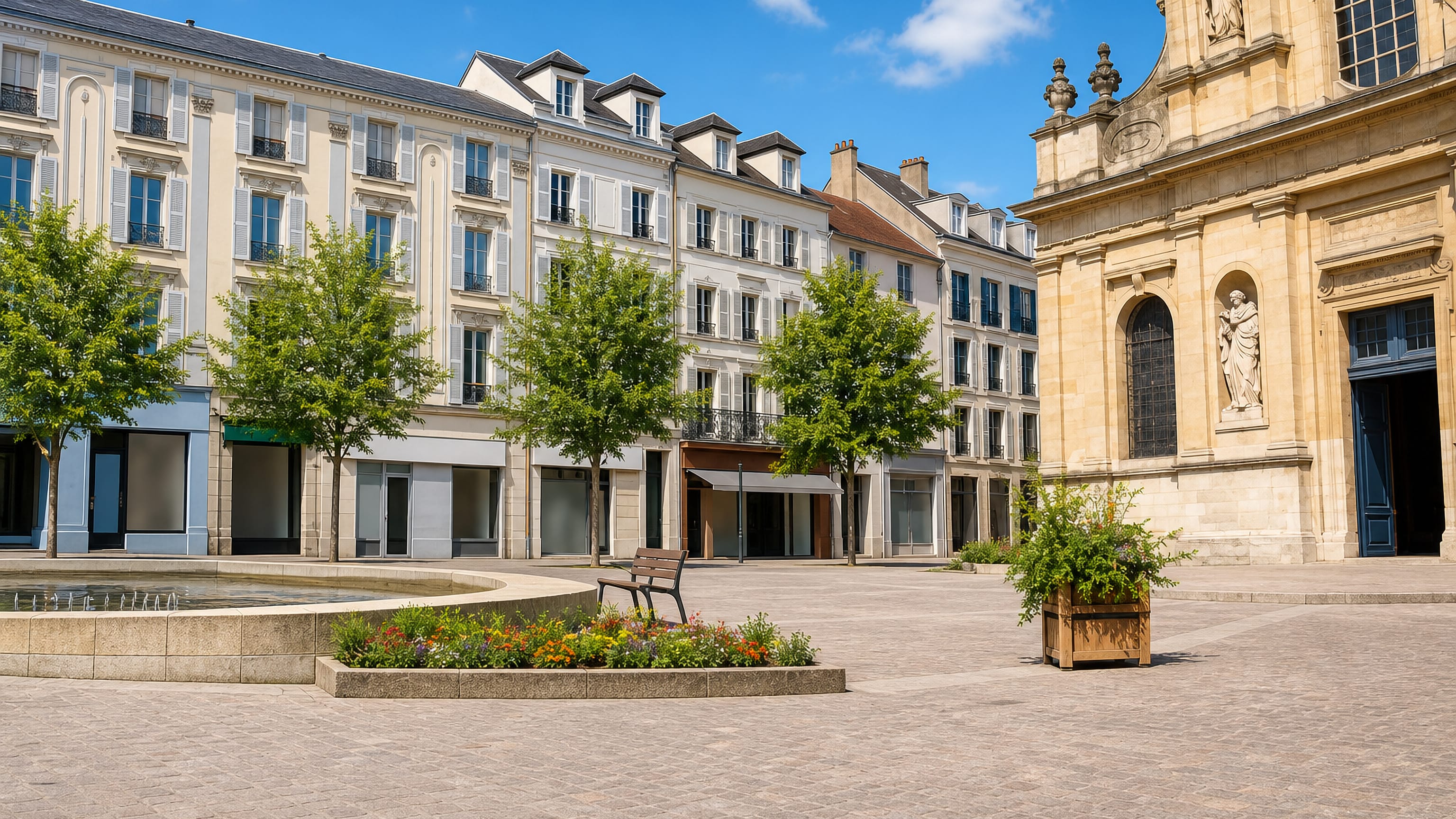 Cobbled square in Rueil-Malmaison with pale classical facades, a fountain and a baroque church front.