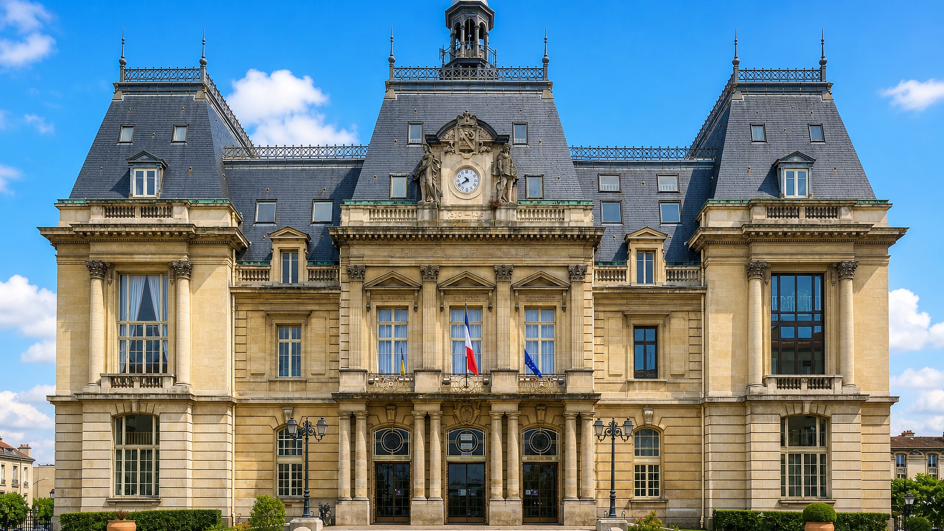 The 19th-century Hôtel de Ville of Saint-Maur-des-Fossés with slate mansard roofs and French flags.