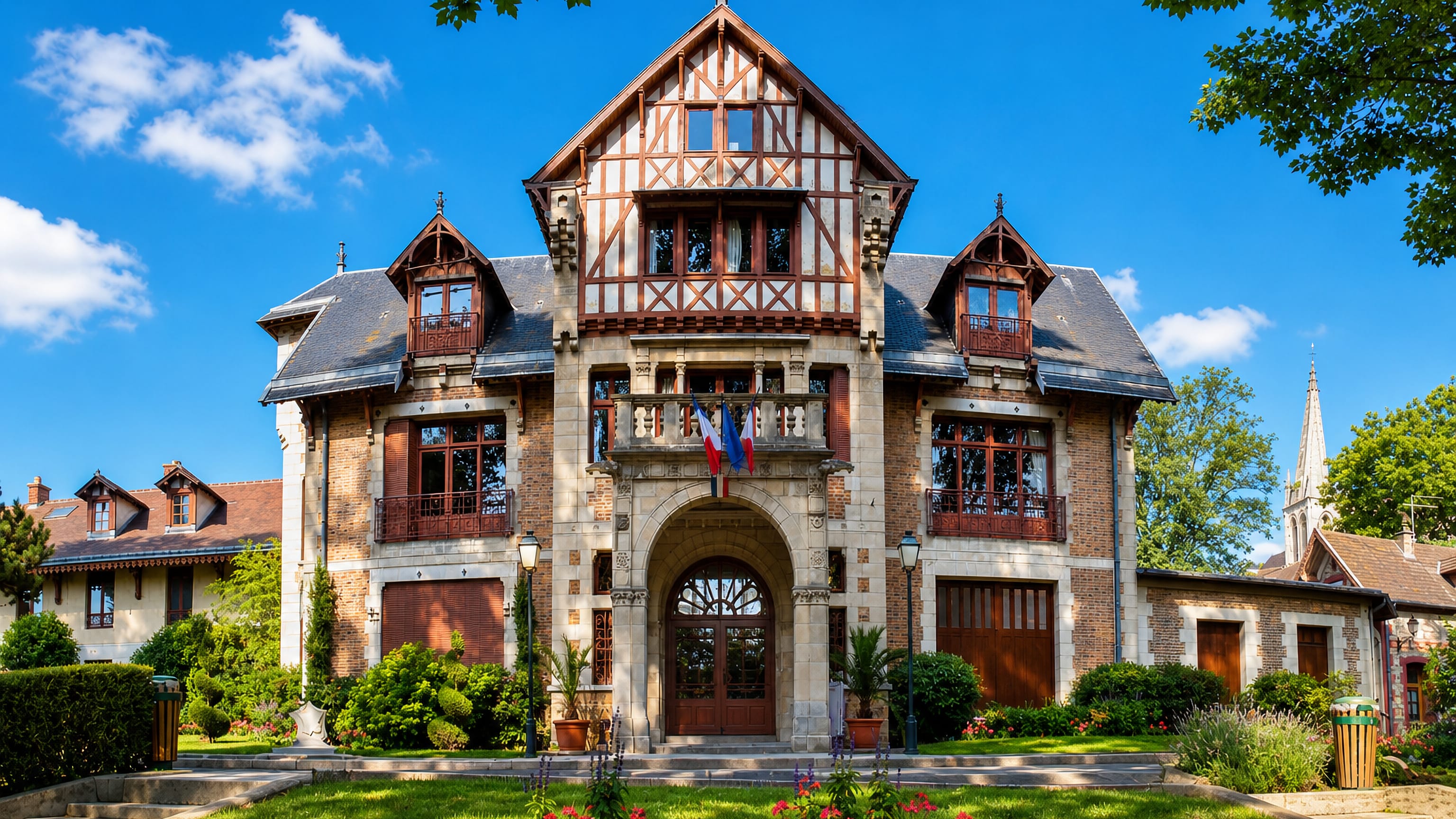 Half-timbered brick villa with French flags set in landscaped gardens in Sarcelles, north of Paris.