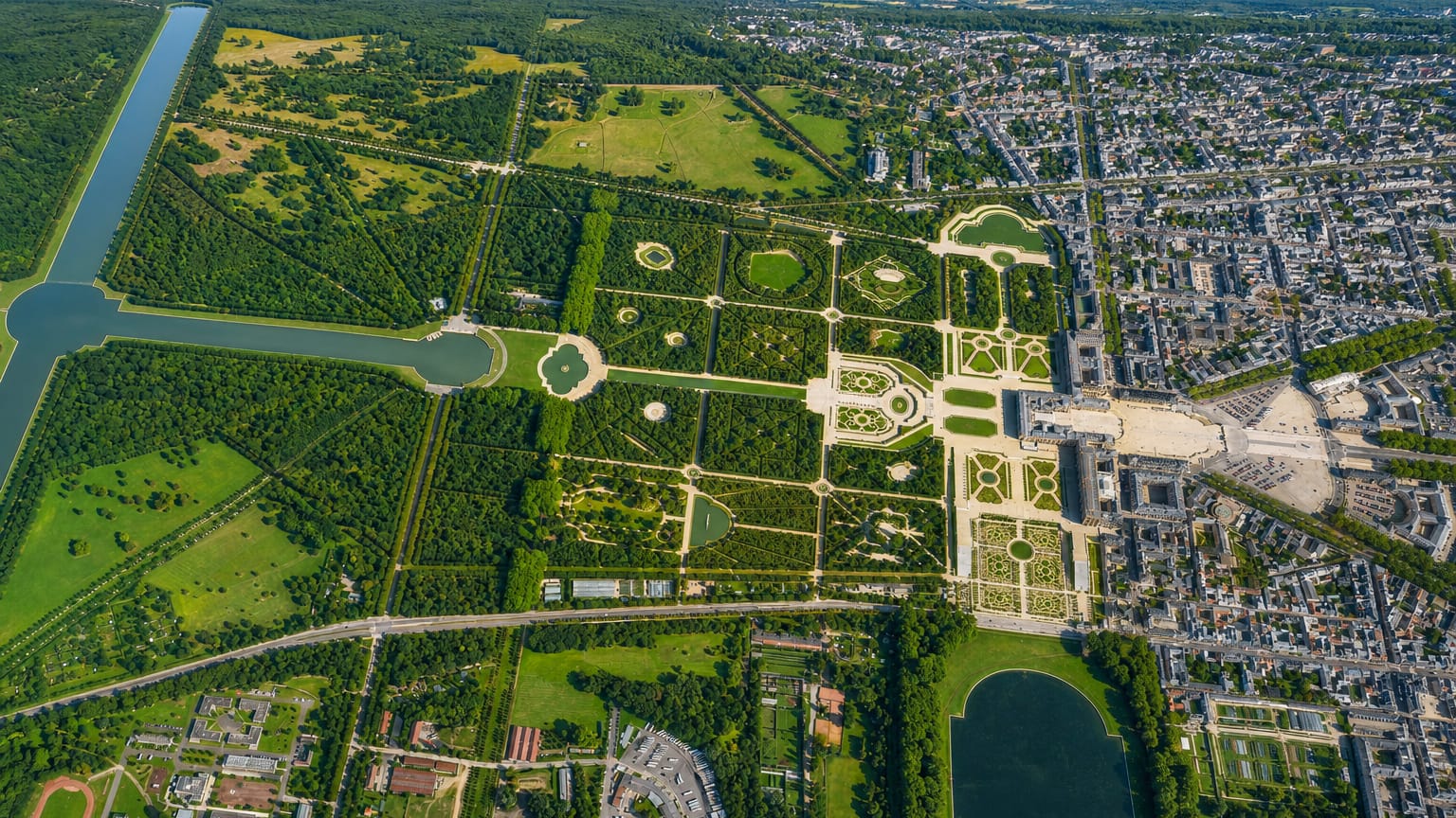 Aerial view of the Palace of Versailles, its formal gardens and Grand Canal beside the town