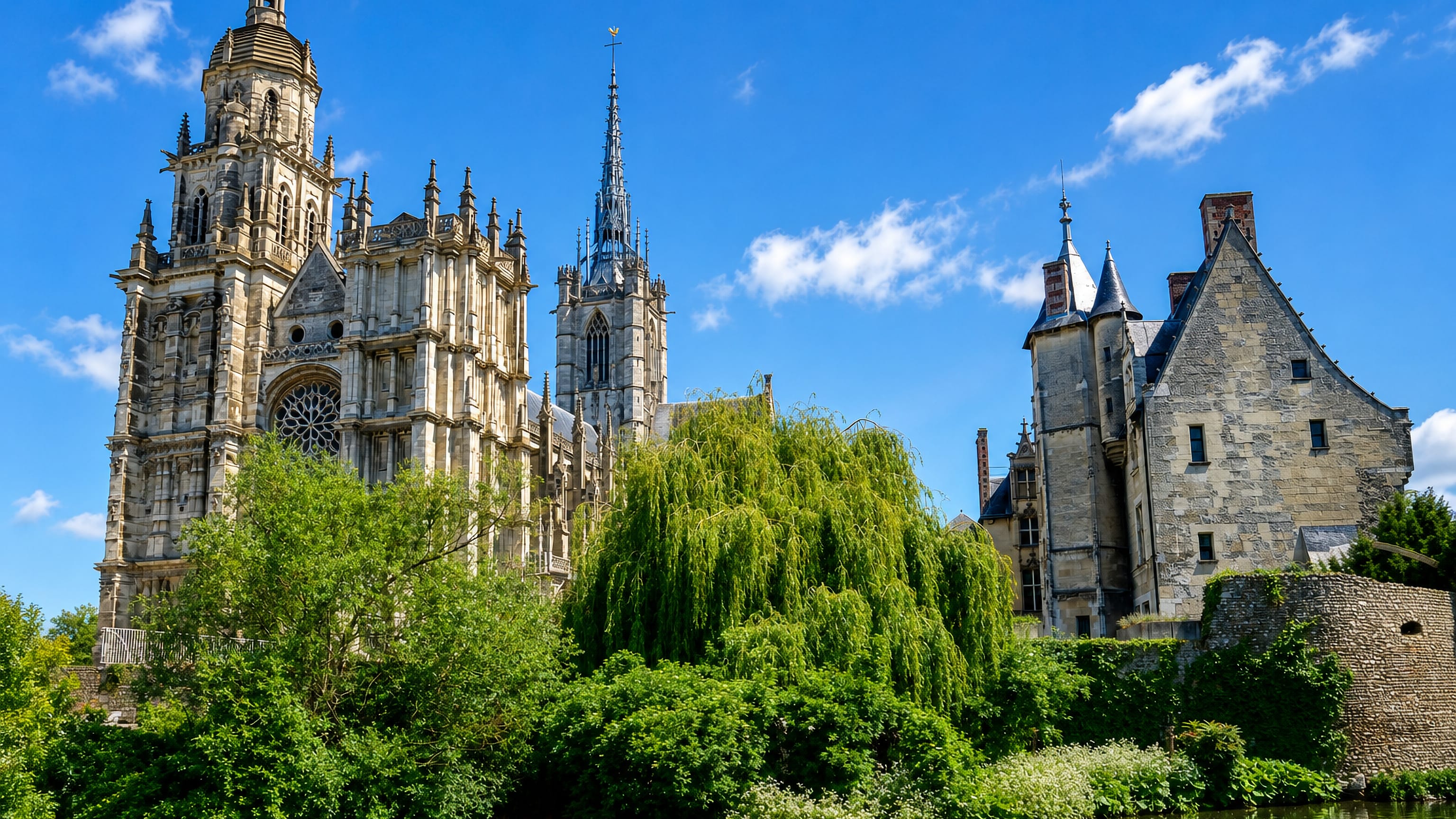 Notre-Dame Cathedral's Gothic towers and openwork spire rising above the Iton river in Évreux, Normandy.