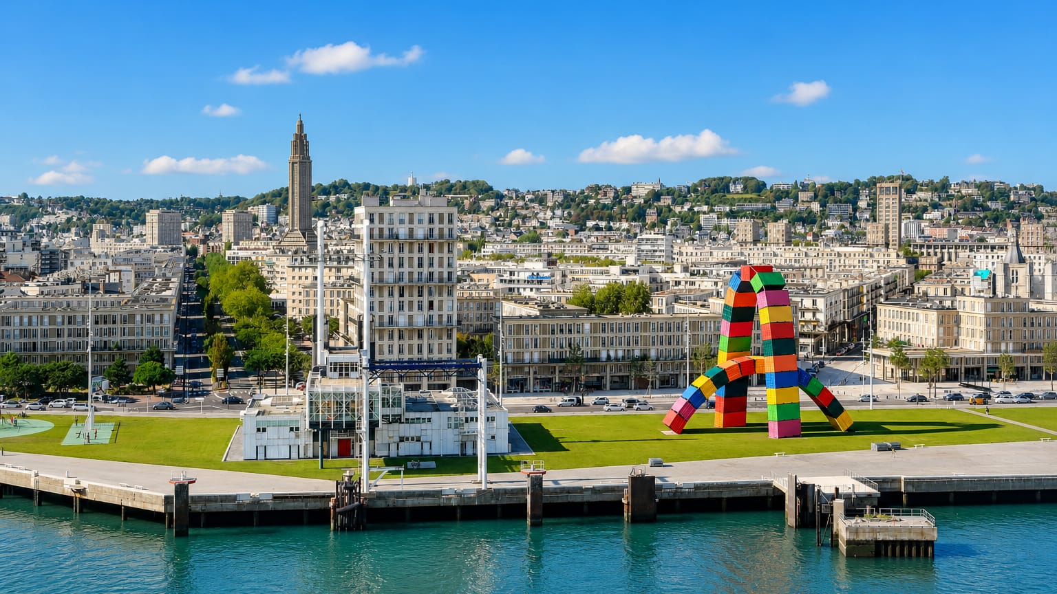 Le Havre waterfront with the Saint-Joseph church tower and the colourful Catene de Conteneurs sculpture by the harbour.
