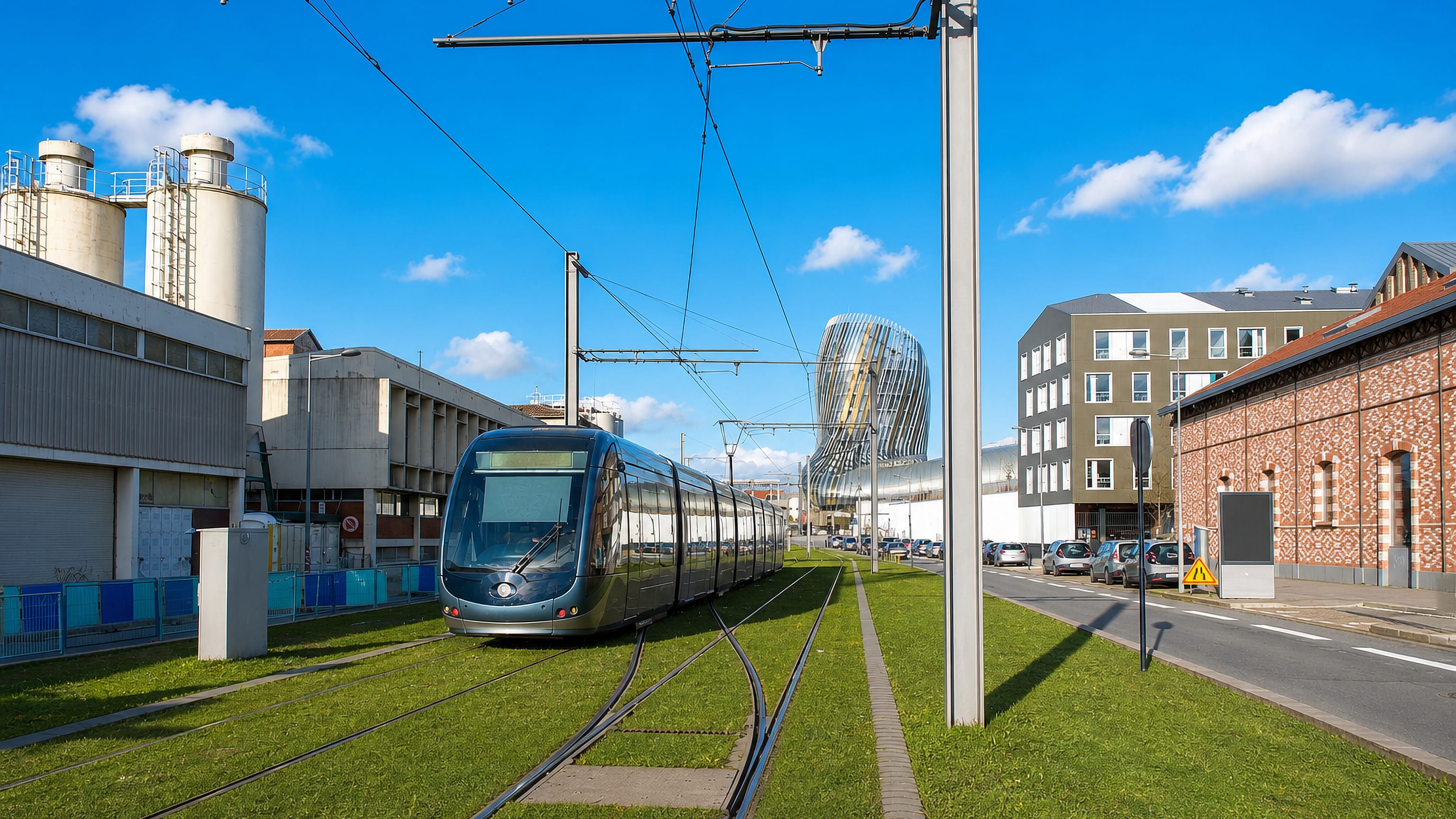 Tram on grassed track past dock silos and the Cité du Vin tower in Bacalan, Bordeaux.