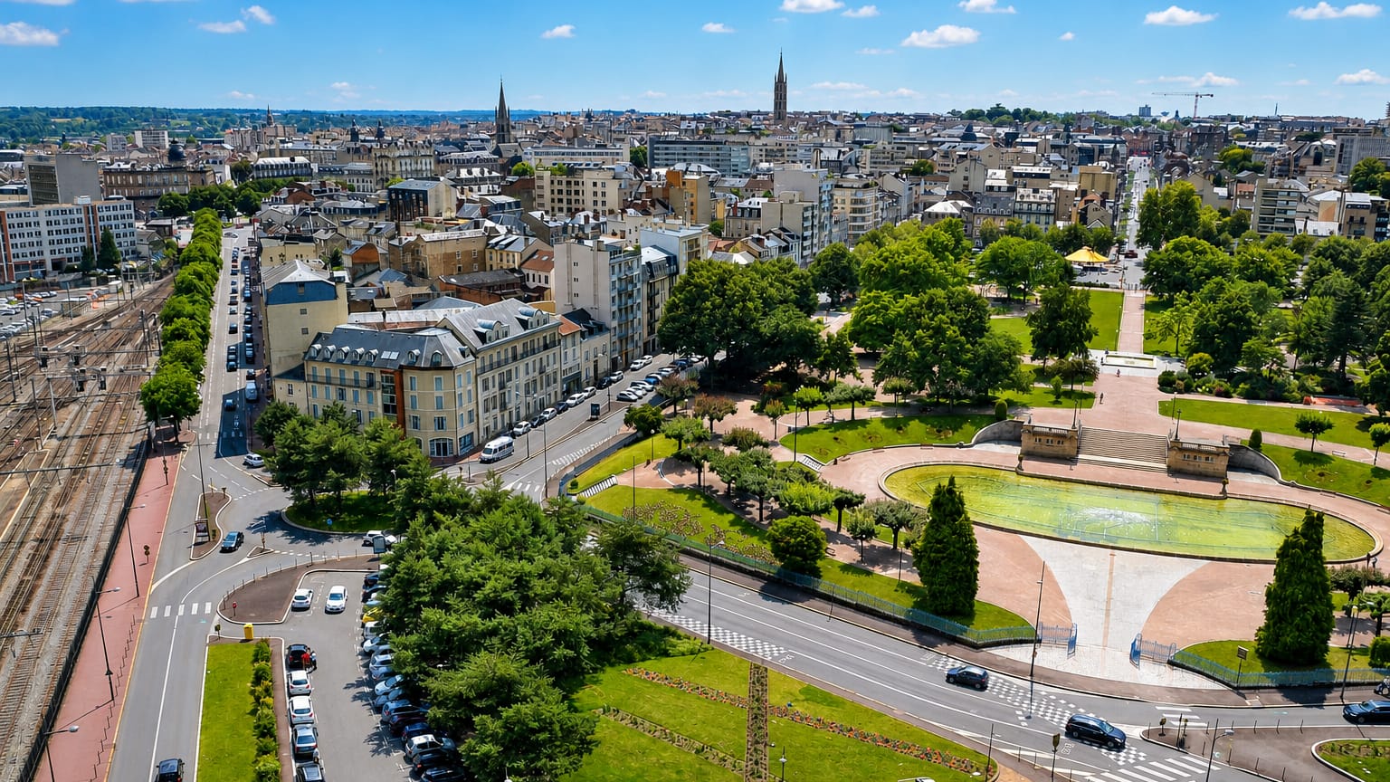 Aerial view of Limoges, France, with the Champ de Juillet park fountain, railway lines and cathedral spires beyond
