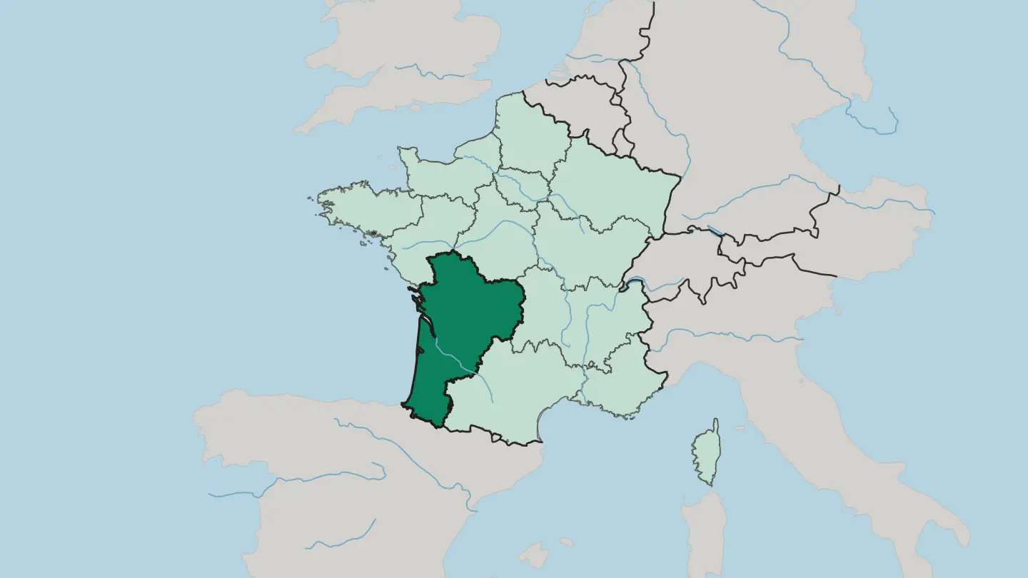 Map of Nouvelle-Aquitaine in France