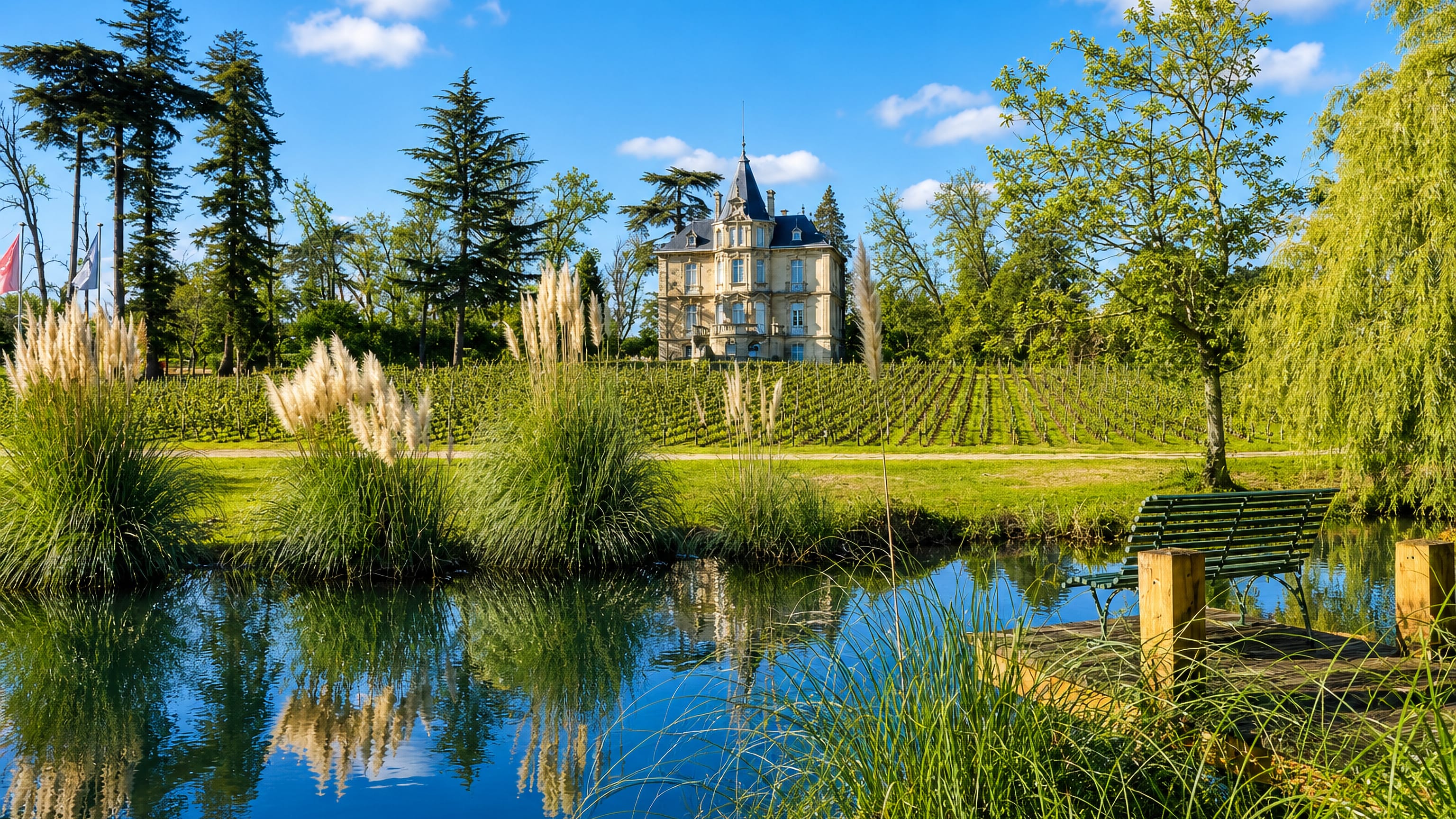 Vineyard rows and a turreted wine chateau reflected in a pond at Pessac, near Bordeaux, France.