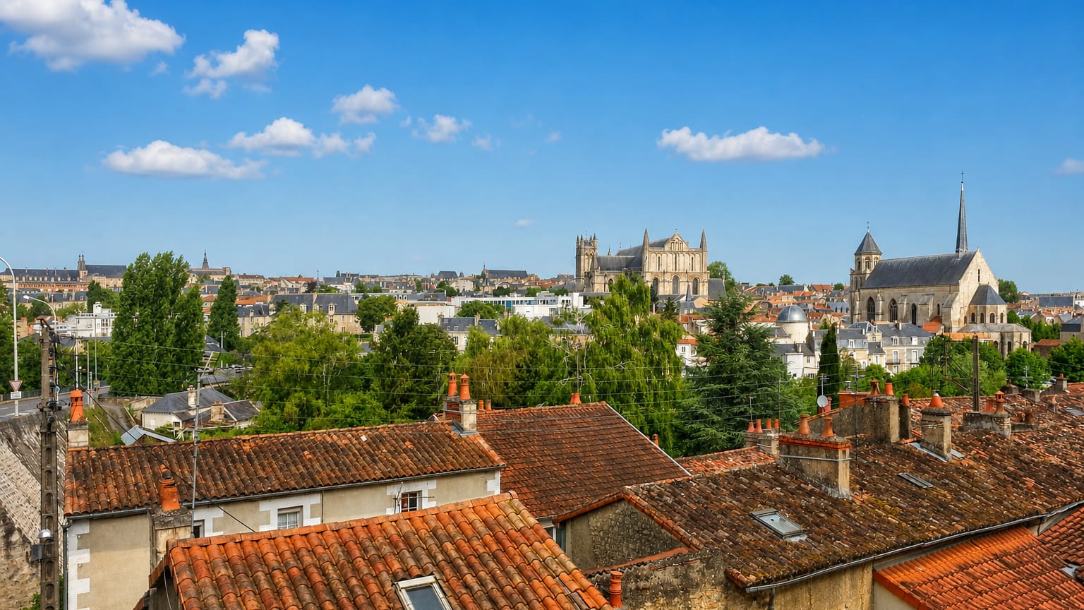 Poitiers old town of terracotta rooftops and Gothic churches including the cathedral, France.