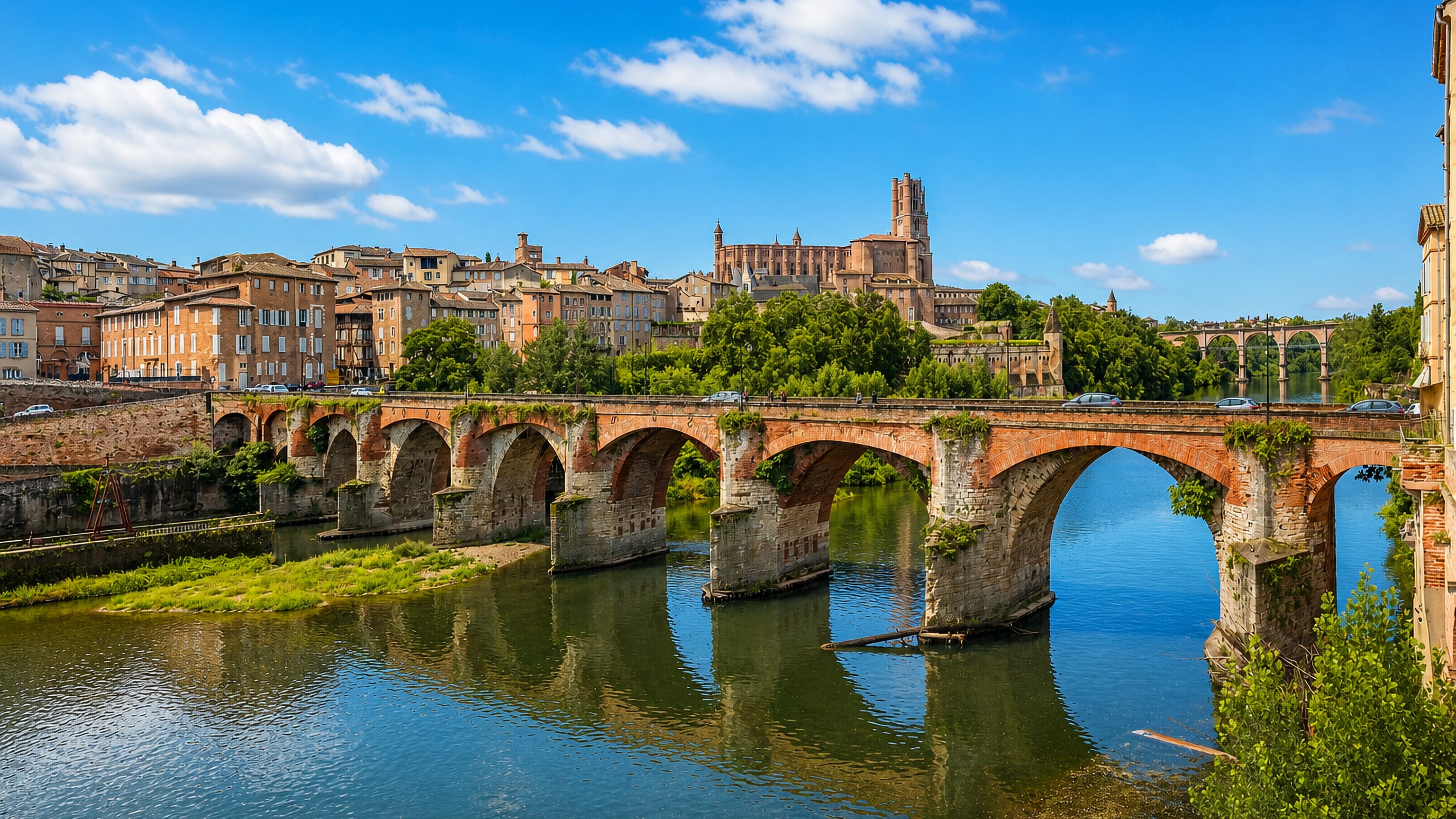 Albi's brick Pont Vieux crossing the Tarn below the fortress cathedral of Sainte-Cecile and the old town.