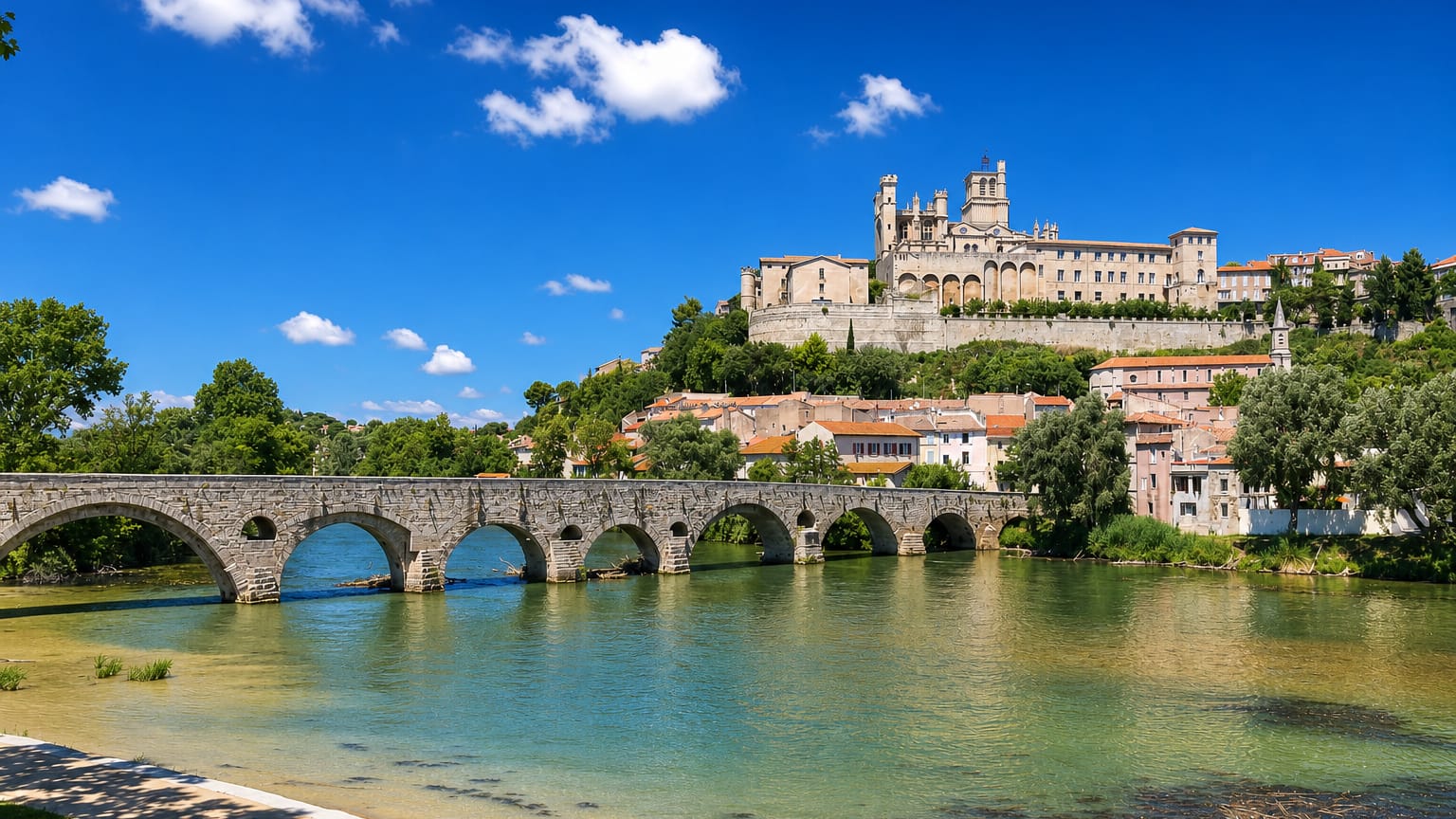 Beziers' Cathedral of Saint-Nazaire on the hill above the Orb river and the old multi-arched stone bridge