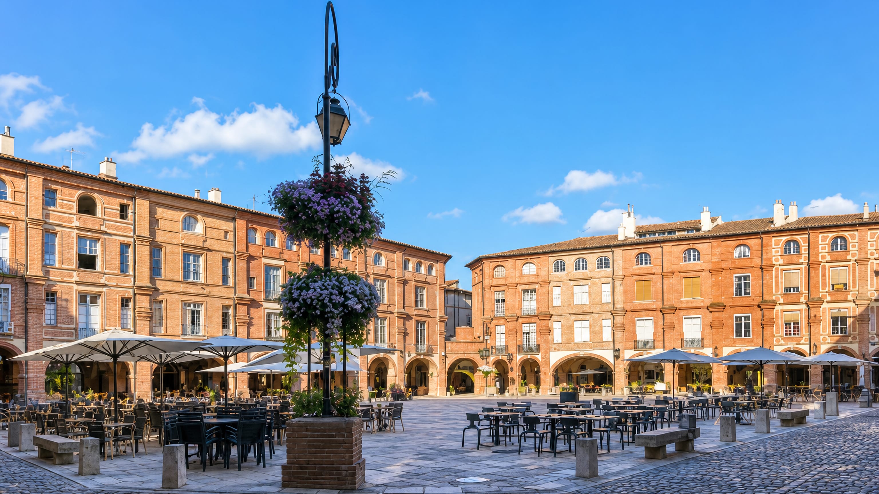 Montauban's Place Nationale, a cobbled square ringed by pink-brick arcaded houses with cafe tables under parasols.