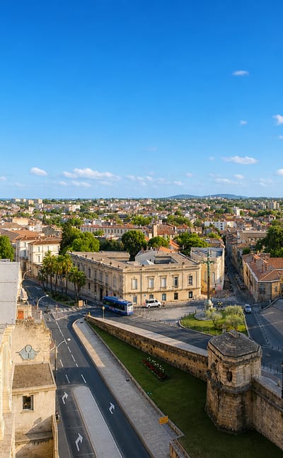 Elevated view over Montpellier's terracotta rooftops, tree-lined promenade and classical buildings.