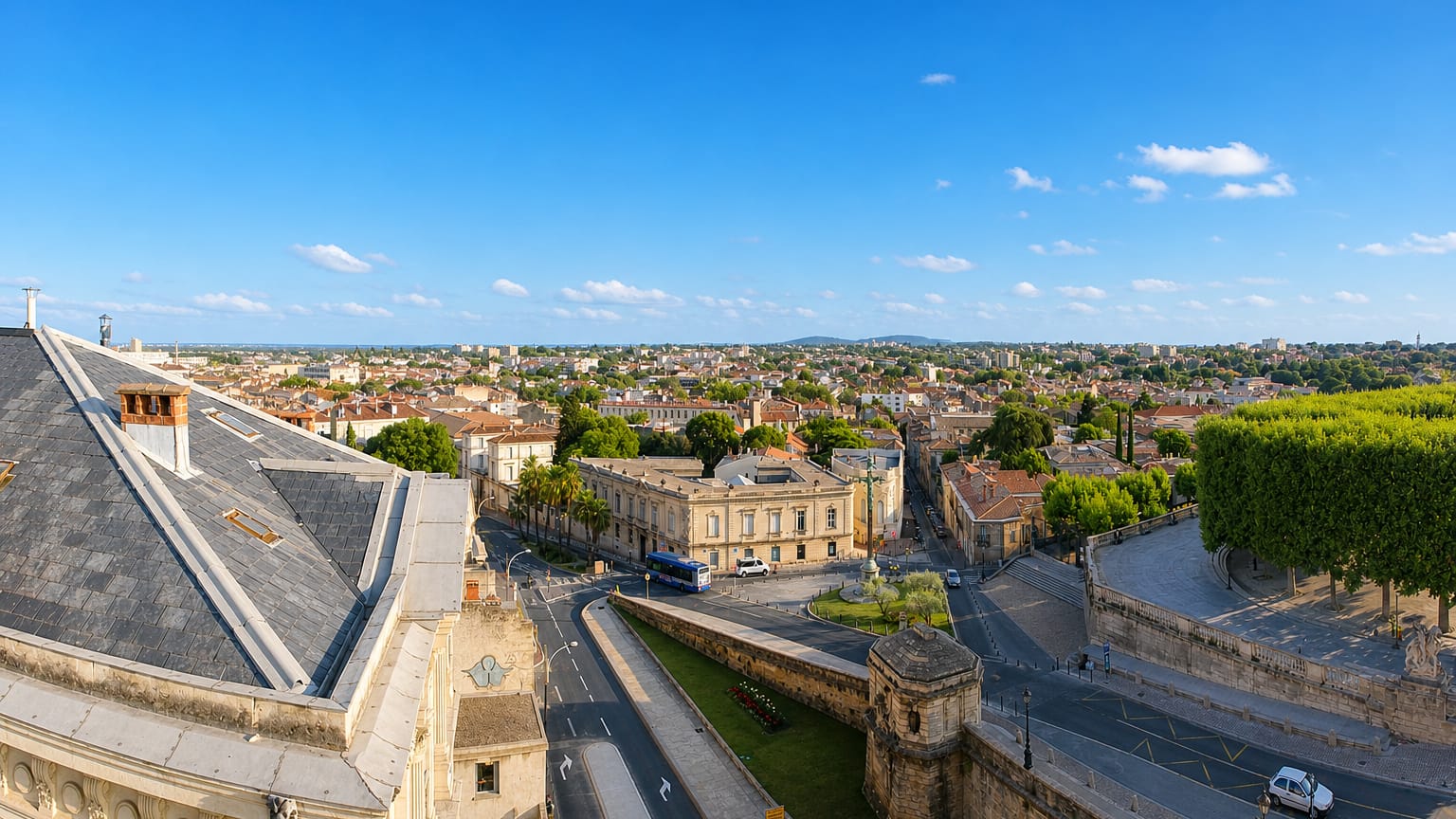 Elevated view over Montpellier's terracotta rooftops, tree-lined promenade and classical buildings.