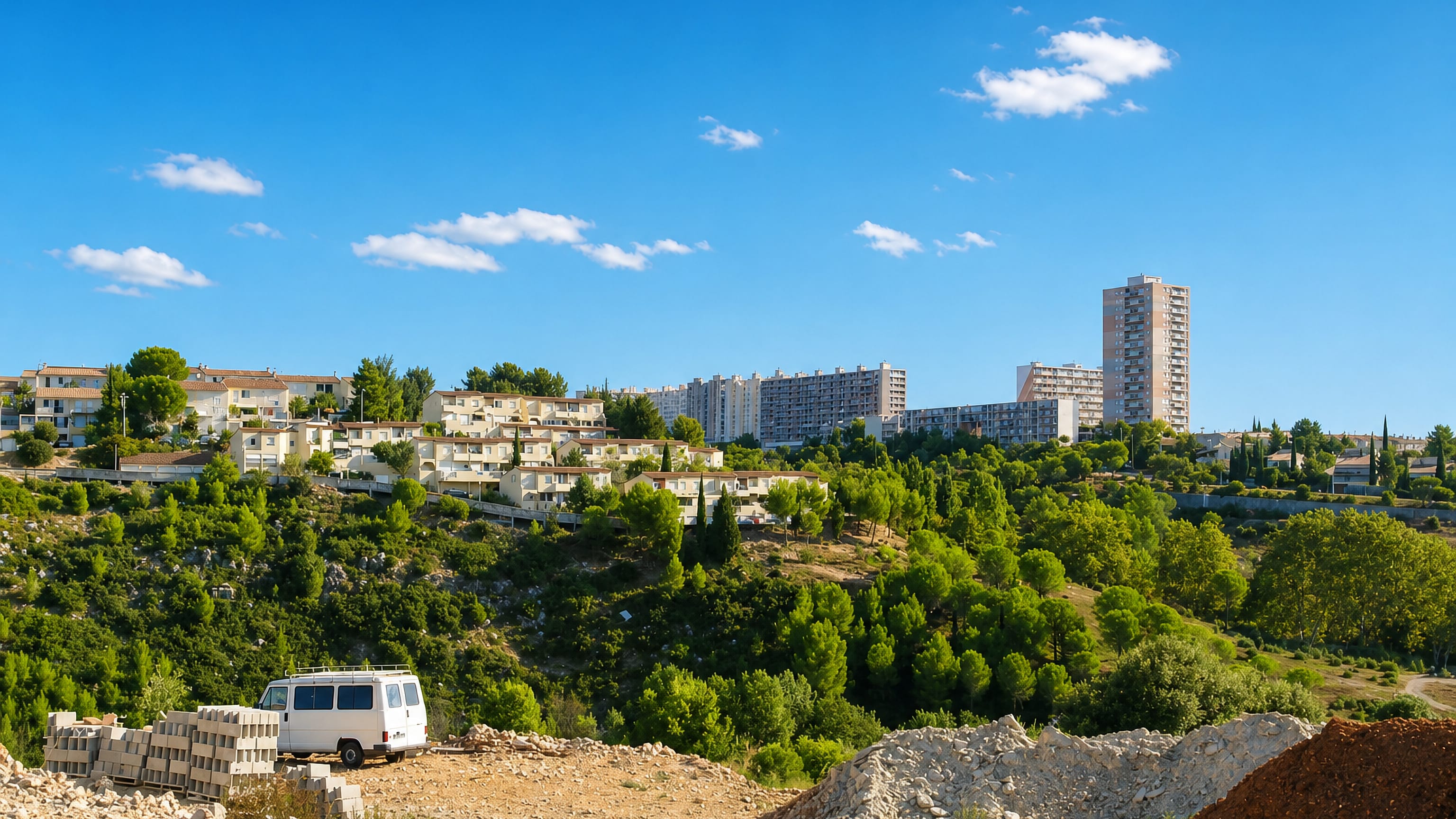 Hillside apartment blocks and a high-rise above pine scrub in La Mosson, western Montpellier.