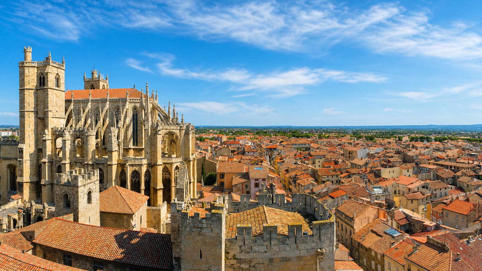 Narbonne's Gothic Cathedral of Saint-Just and the crenellated archbishops' palace tower rising above terracotta rooftops