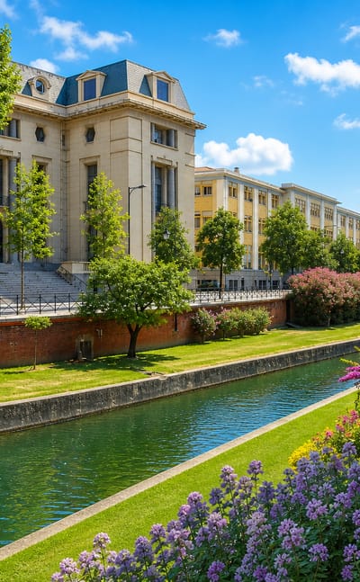 The Basse canal in Perpignan lined with plane trees and flower beds beside a grand cream Beaux-Arts building under blue sky
