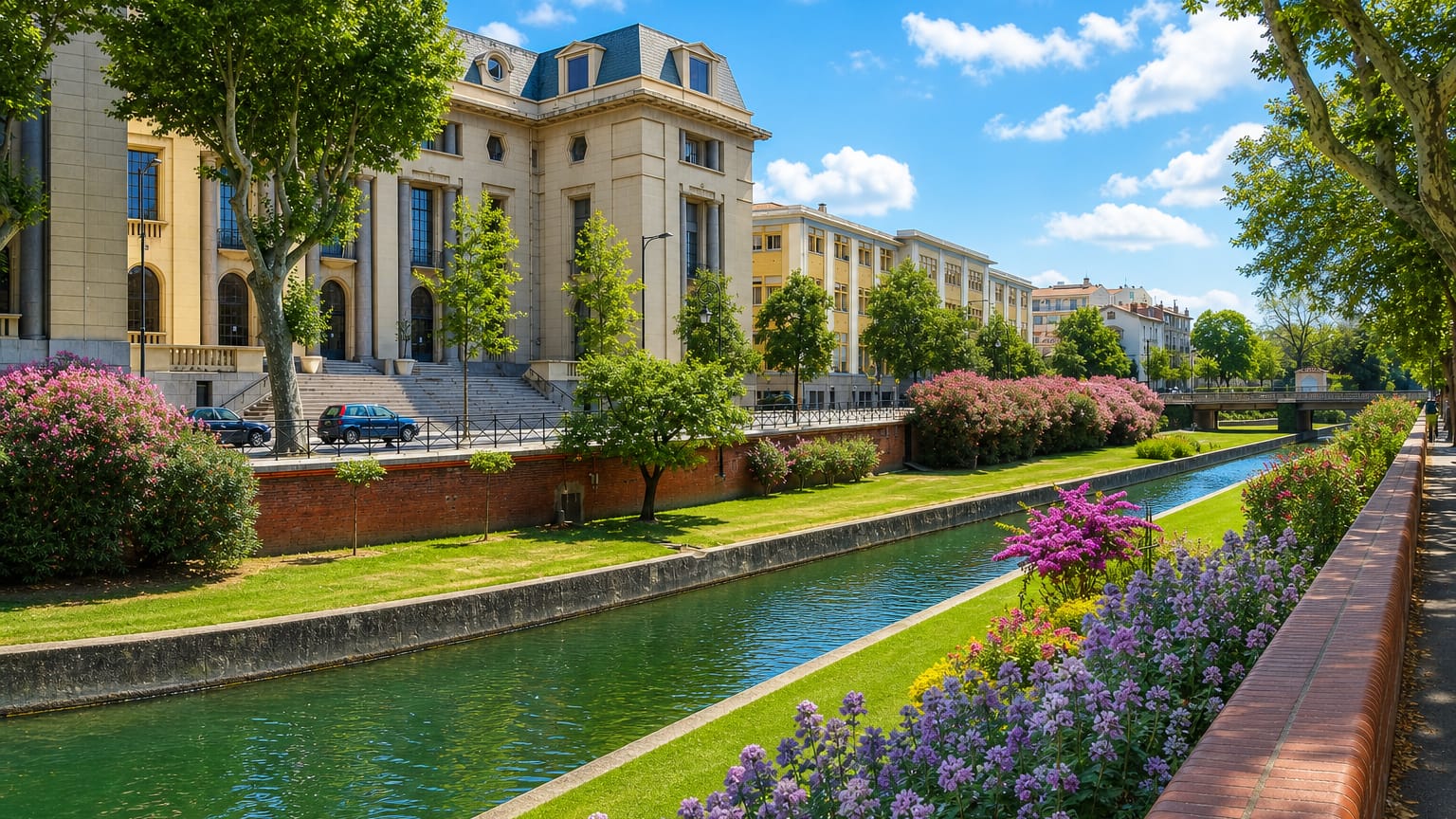 The Basse canal in Perpignan lined with plane trees and flower beds beside a grand cream Beaux-Arts building under blue sky