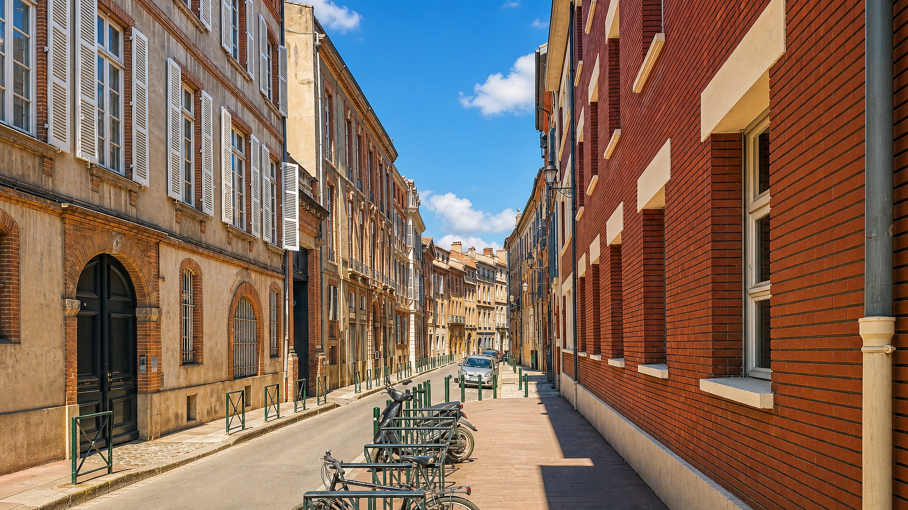Pink-brick and stone townhouses lining a narrow street in the Dalbade quarter of Toulouse.