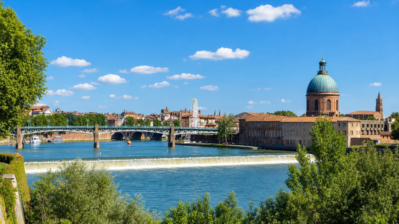 Toulouse's Garonne riverfront with its weir, arched bridge and the green dome of La Grave amid pink-brick buildings.
