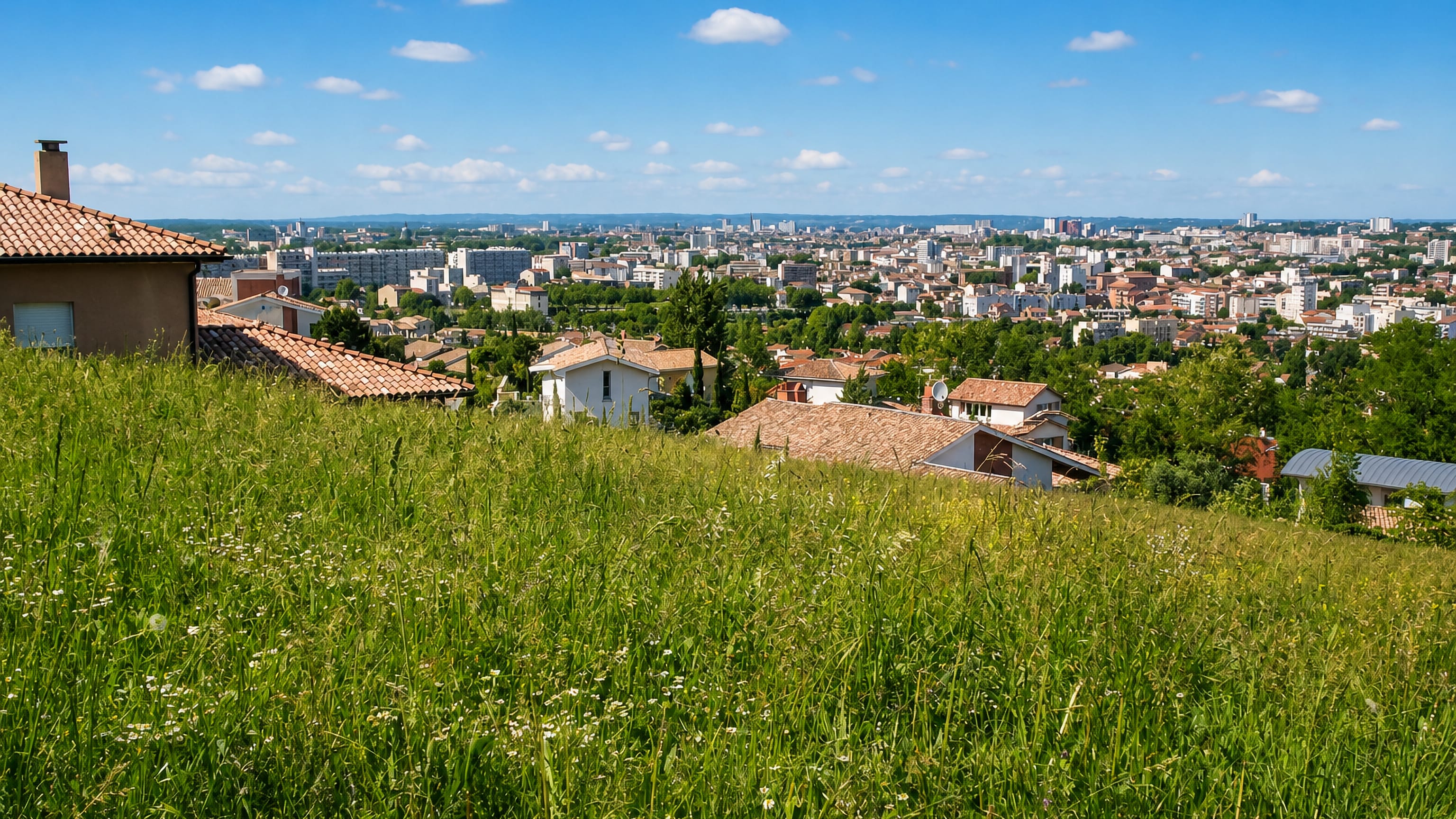 Hilltop meadow at Pech-David overlooking the rooftops and distant skyline of Toulouse under a clear summer sky.