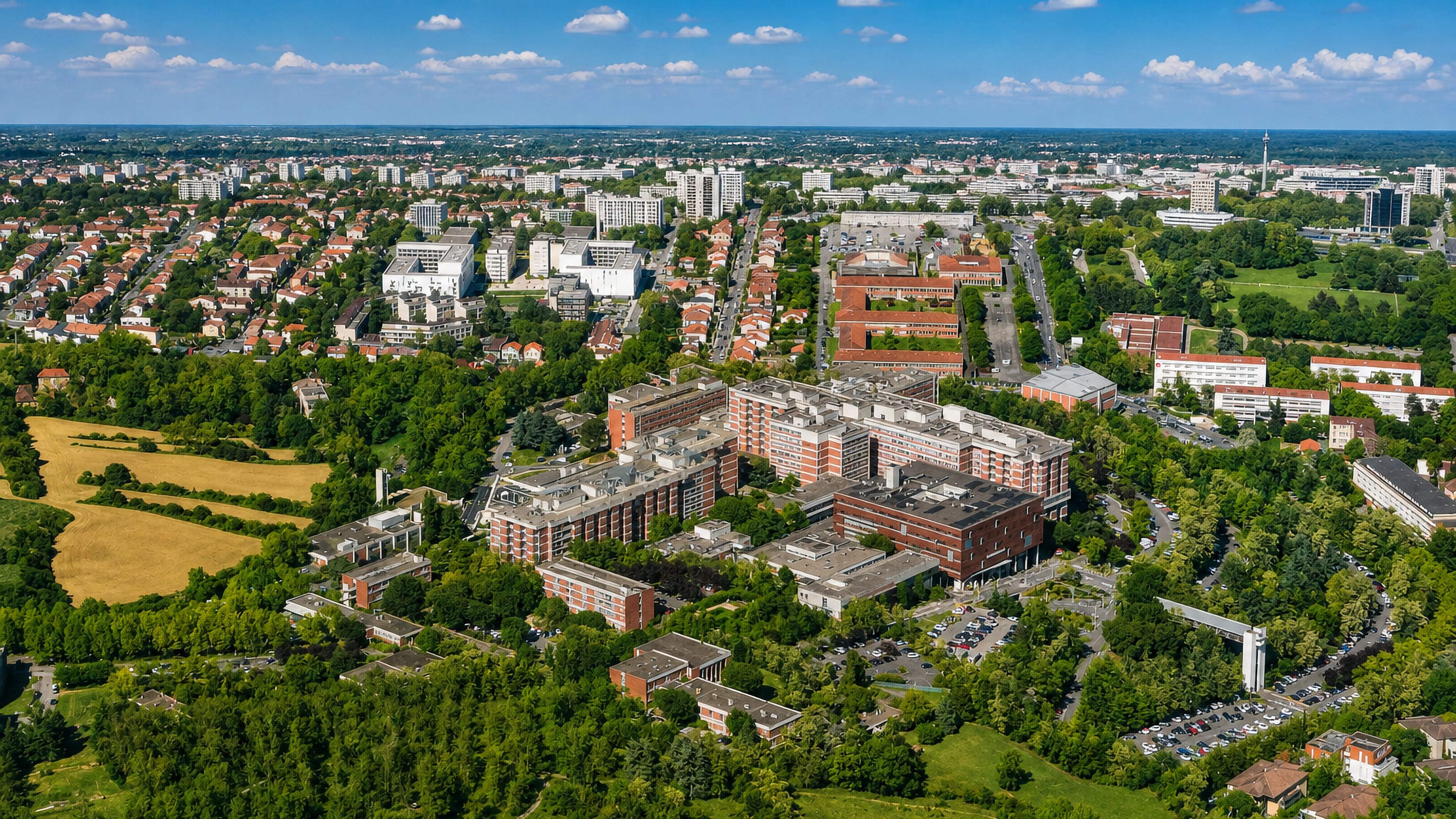 Aerial view of the hospital and university complex at the heart of Rangueil, southern Toulouse, France