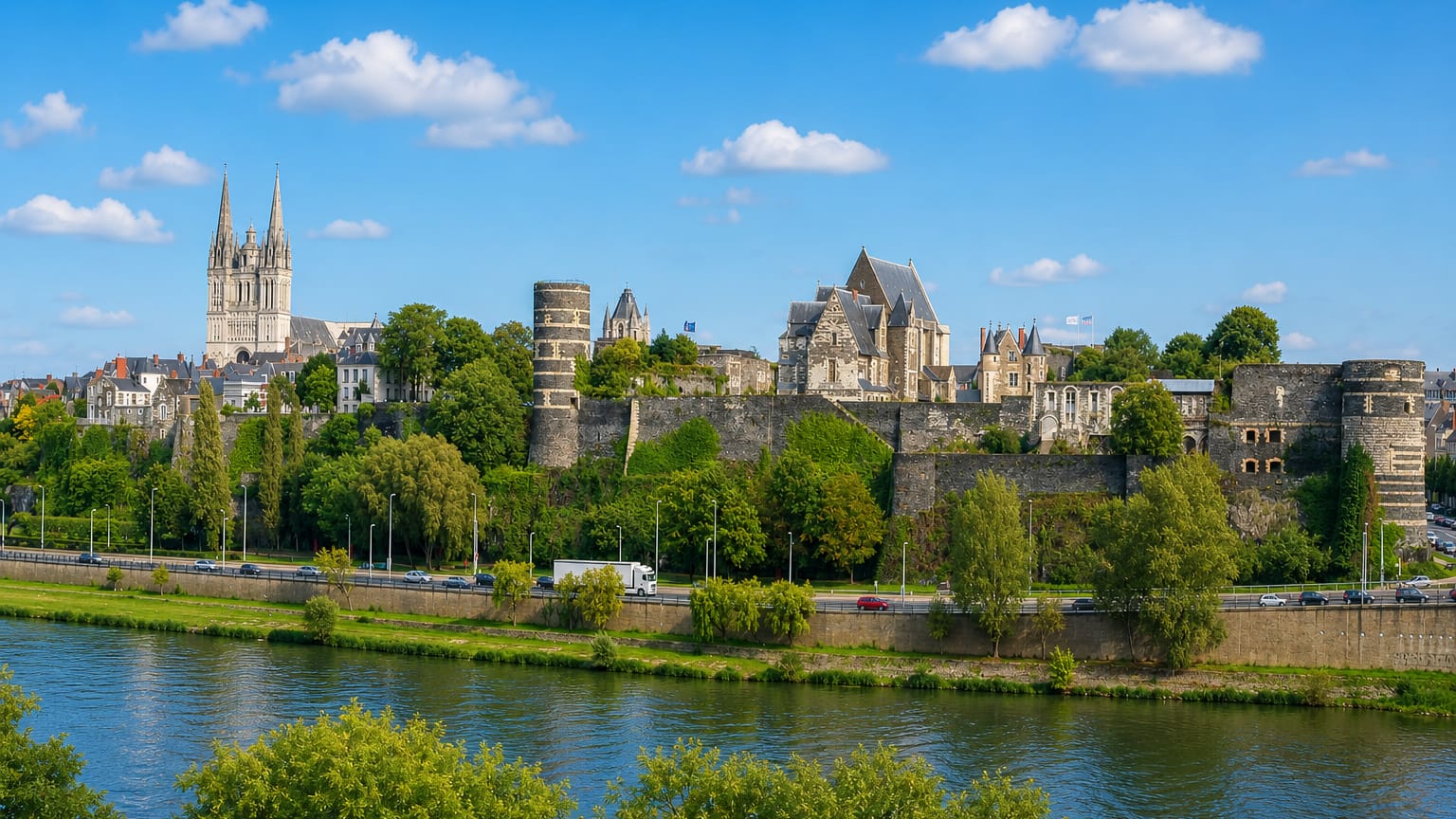 The Chateau d'Angers fortress and twin cathedral spires rising above the Maine river in Angers, France.
