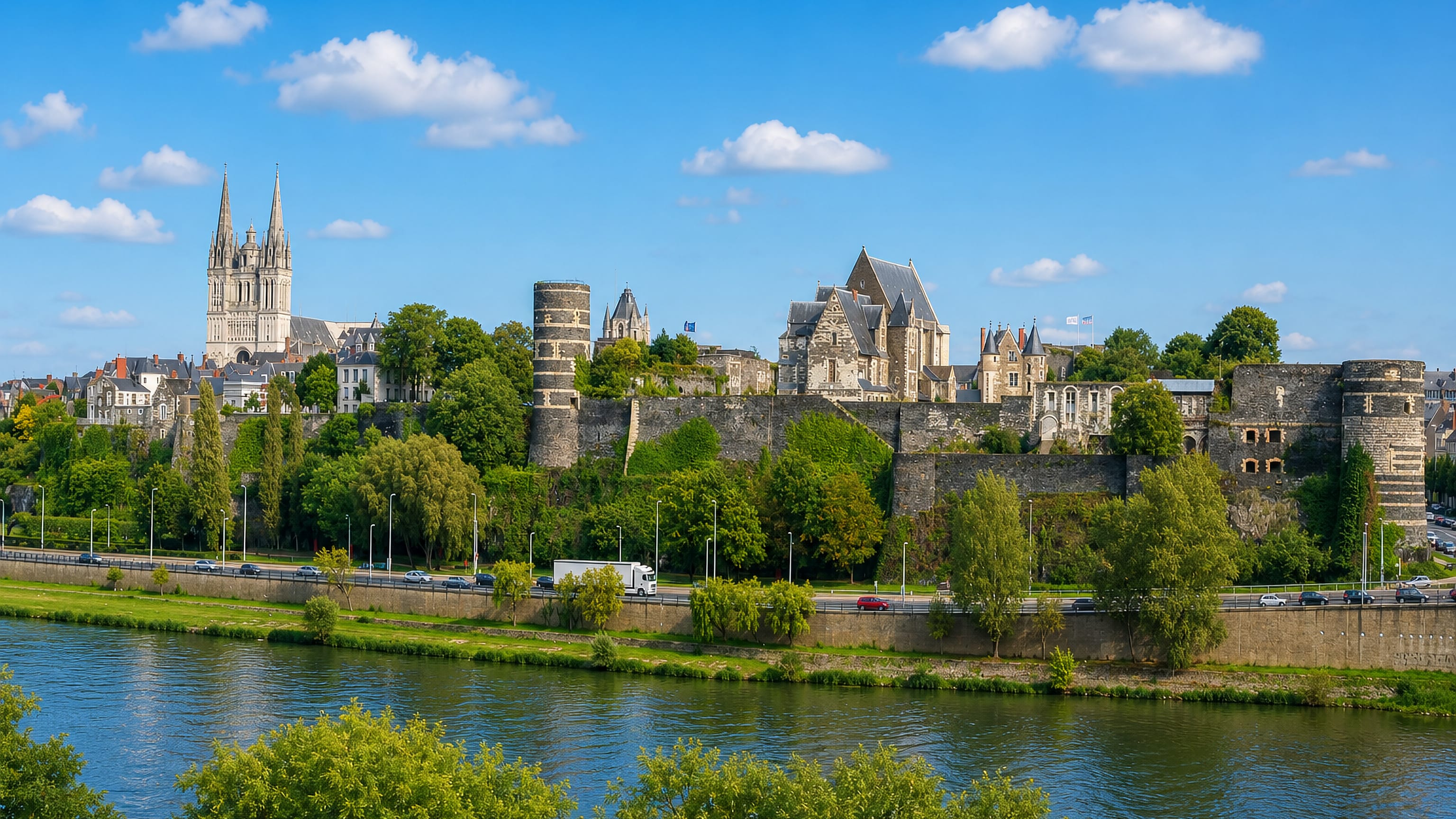 The Chateau d'Angers fortress and twin cathedral spires rising above the Maine river in Angers, France.