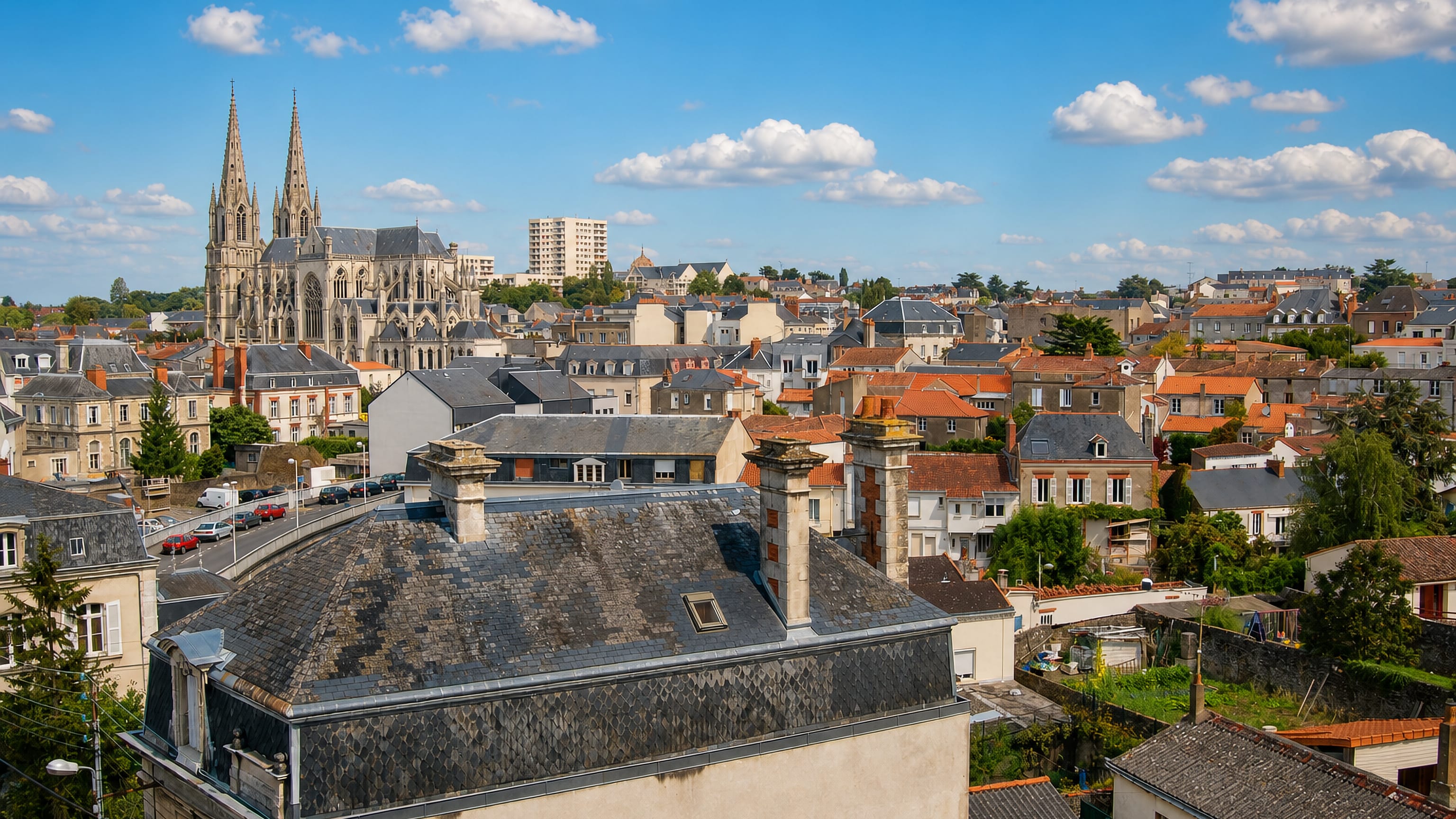Slate rooftops of Cholet, France, beneath the twin Gothic spires of its church in the town centre.