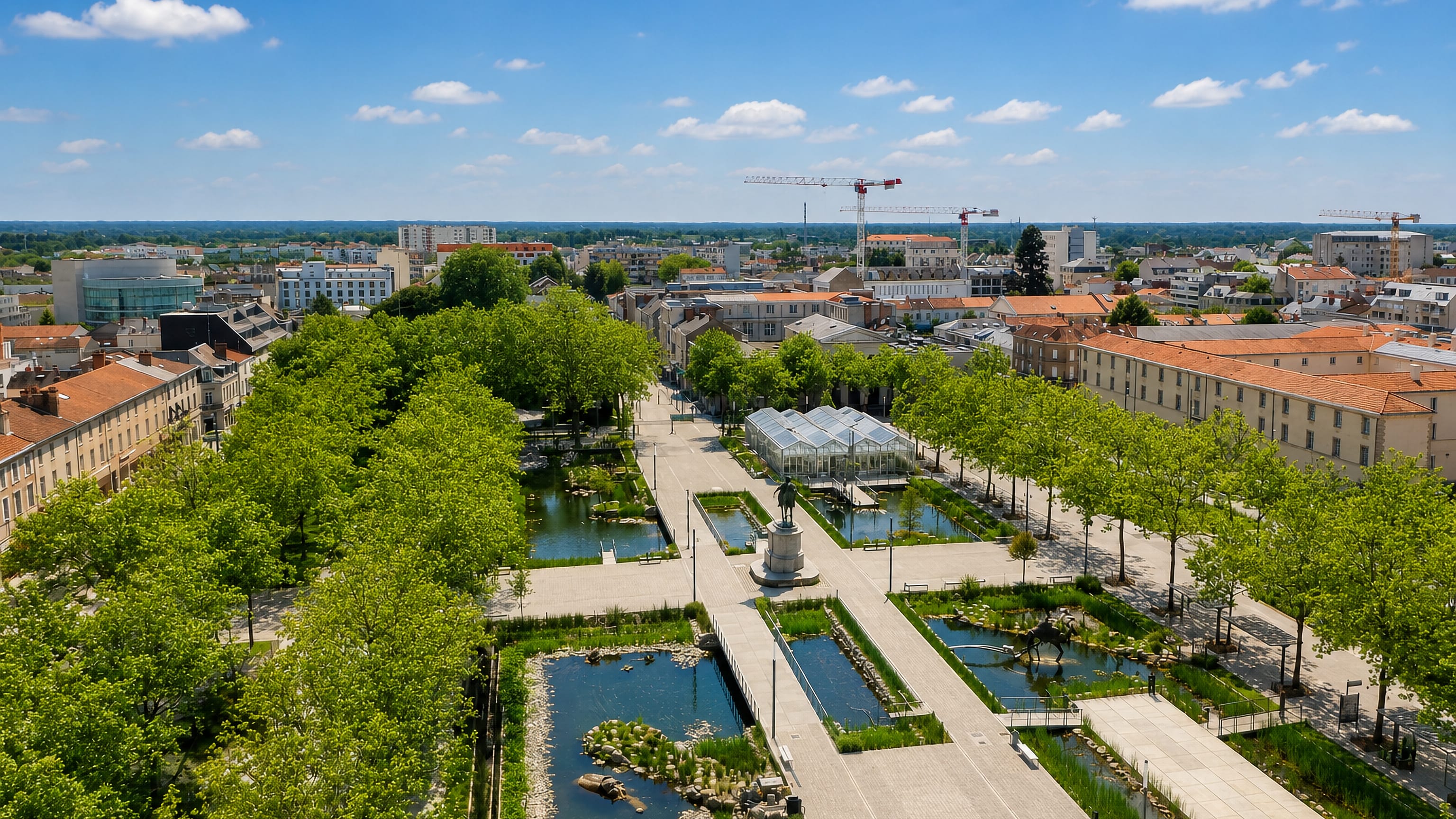 Place Napoleon in La Roche-sur-Yon, France, with its equestrian statue, water basins and rows of plane trees.