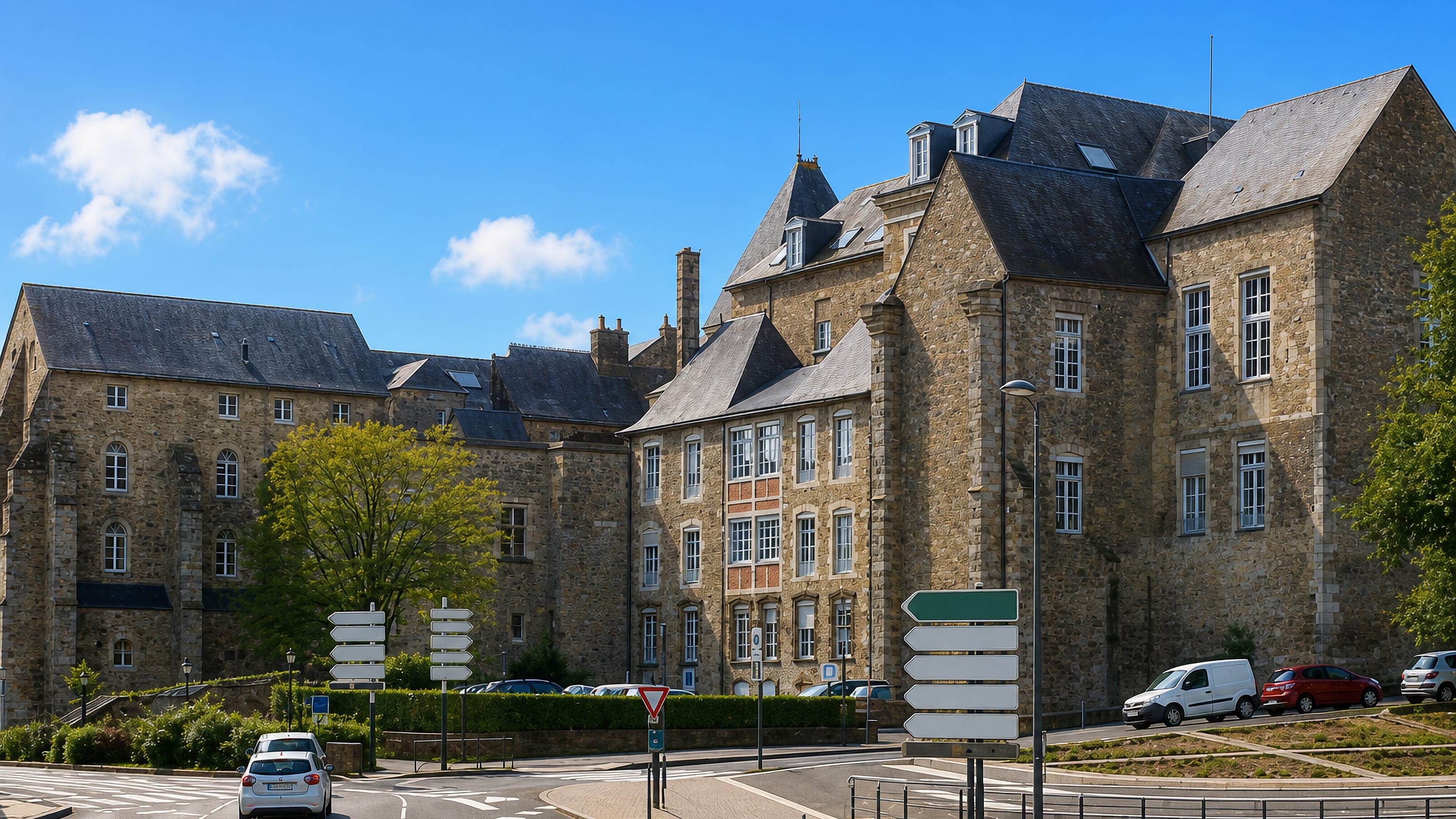Stone civic buildings with steep slate roofs above a roundabout in Le Mans, France